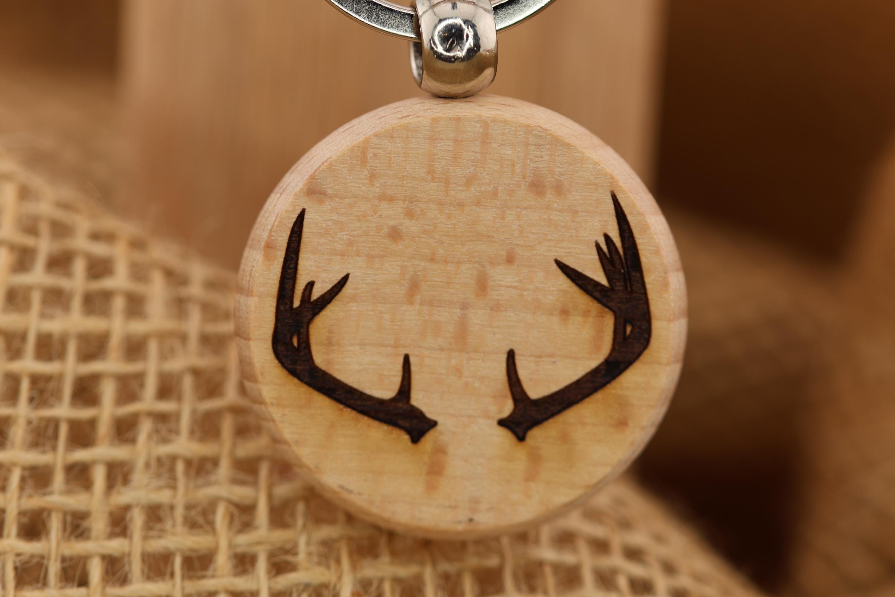 Laser engraved deer antlers keychain / bag charm: hardwood & stainless steel