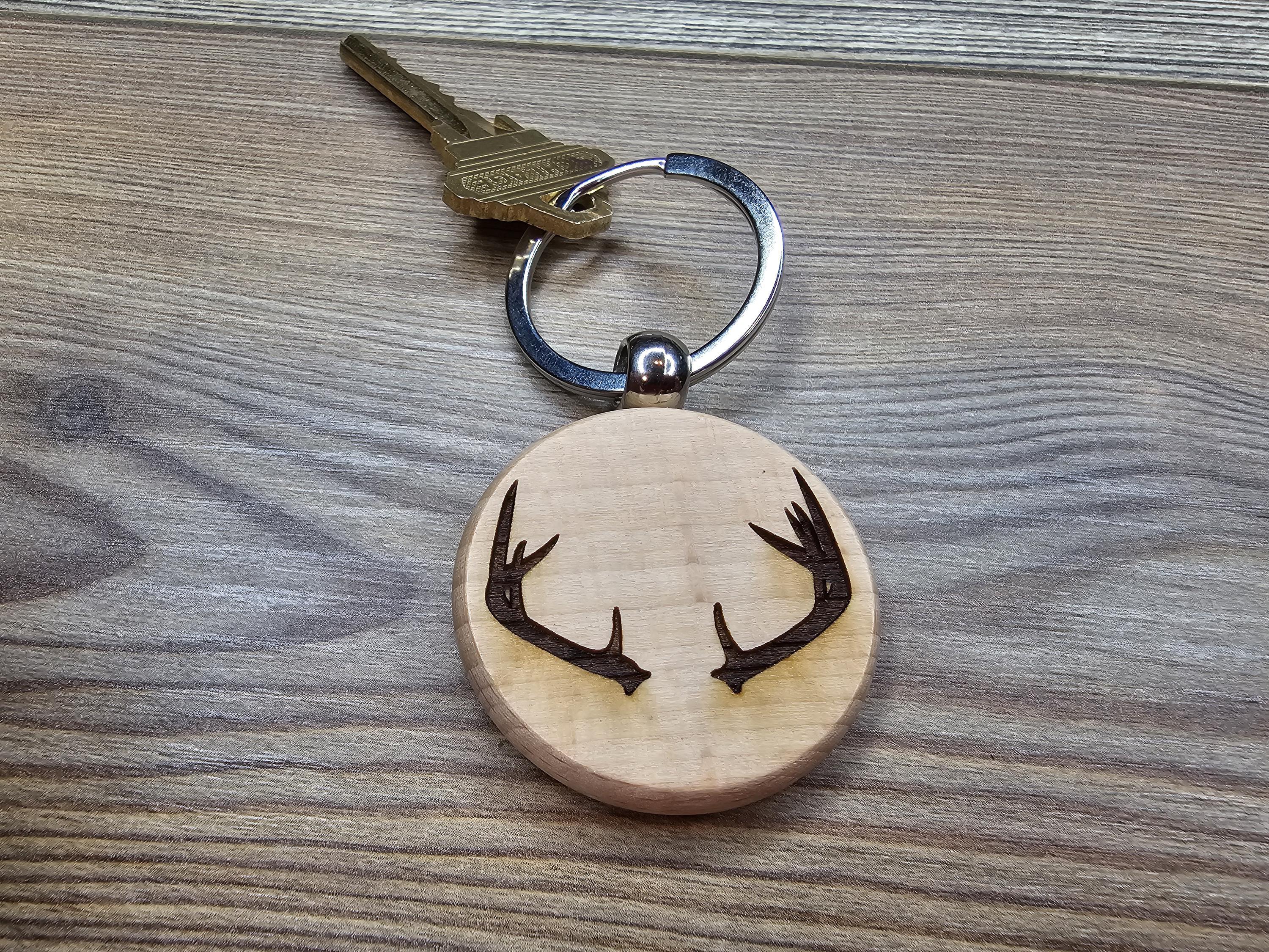 Laser engraved deer antlers keychain / bag charm: hardwood & stainless steel