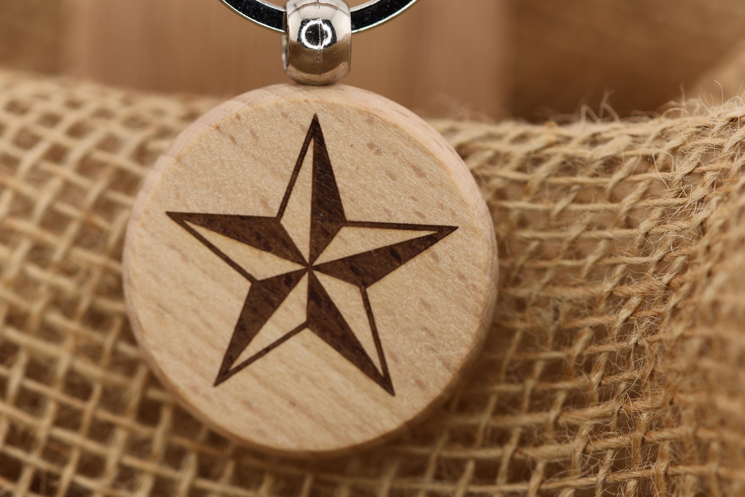 Nautical star keychain / bag charm: laser engraved hardwood with stainless steel keyring