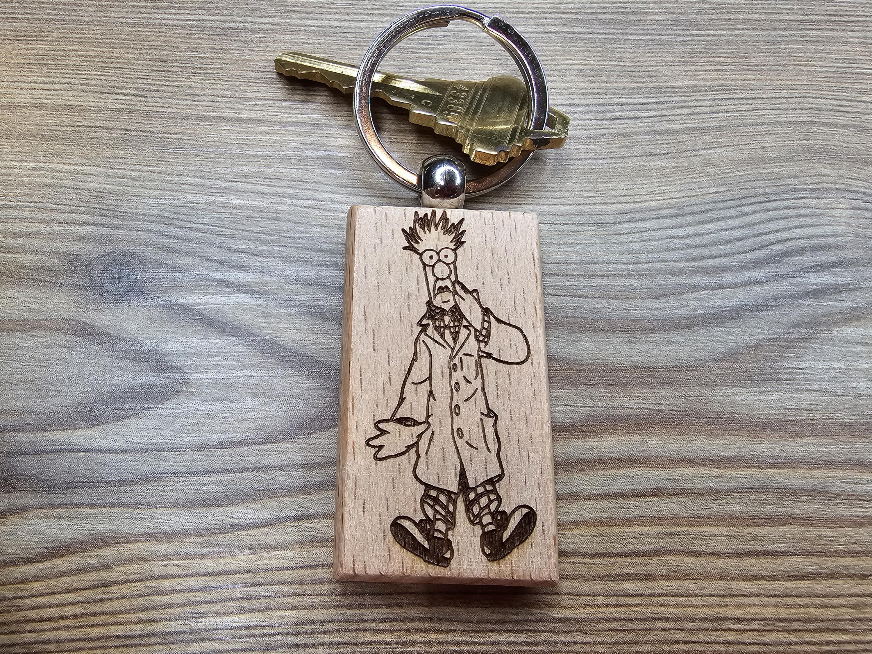 Muppets Beaker keychain / bag charm: laser engraved hardwood, stainless steel keyring