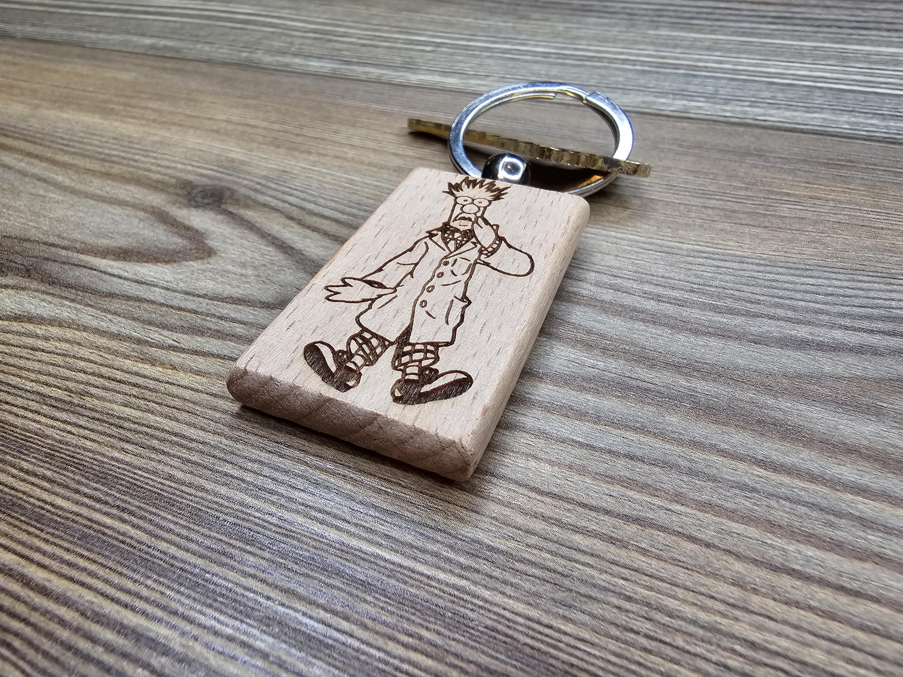Muppets Beaker keychain / bag charm: laser engraved hardwood, stainless steel keyring