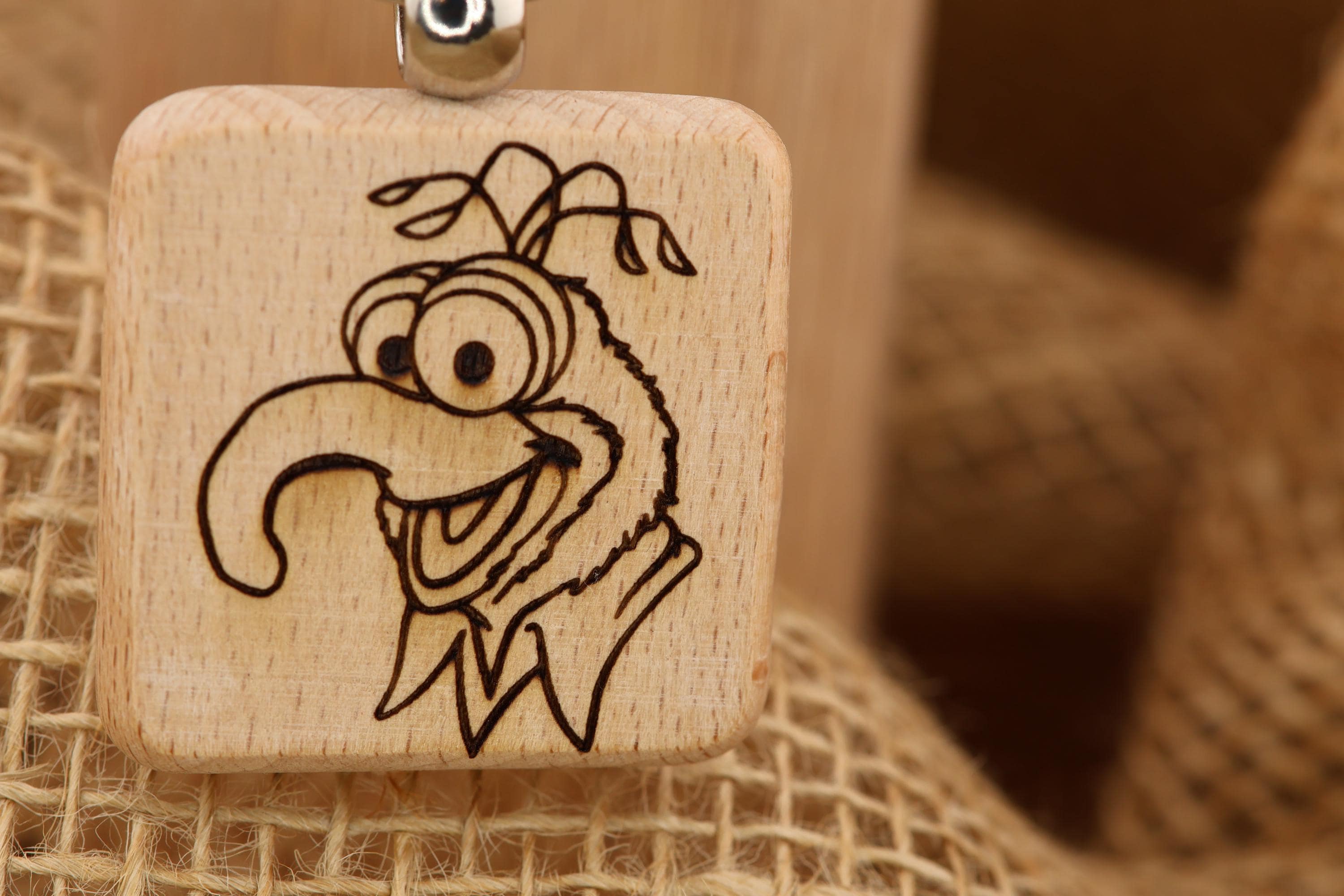 Gonzo Muppets keychain / bag charm: double-sided laser engraved hardwood, stainless steel keyring