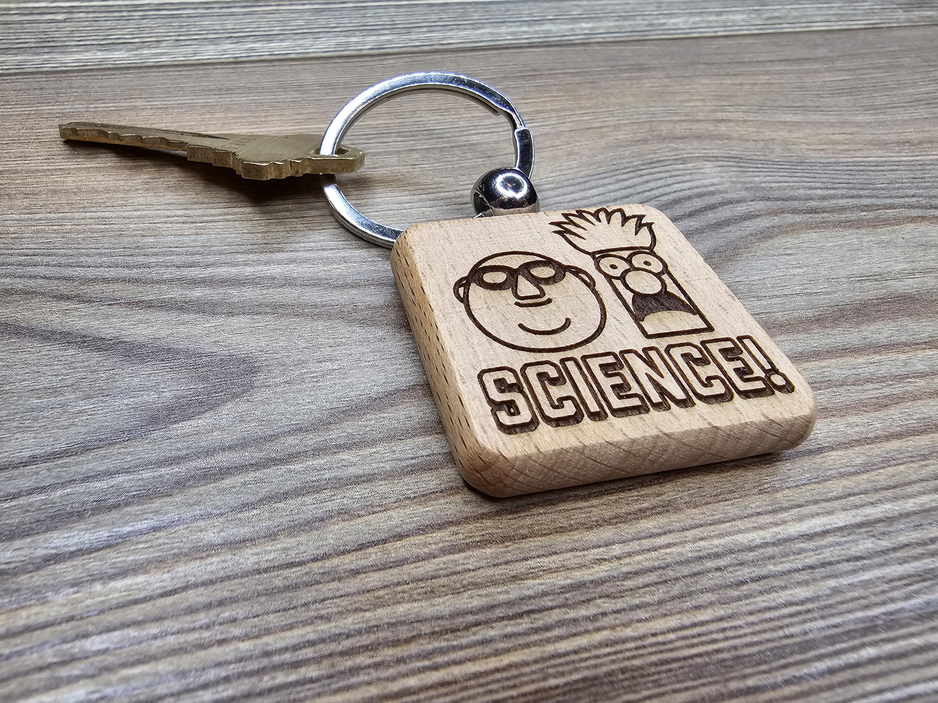 Muppets Bunsen and Beaker keychain / bag charm: laser engraved wood, stainless steel keyring