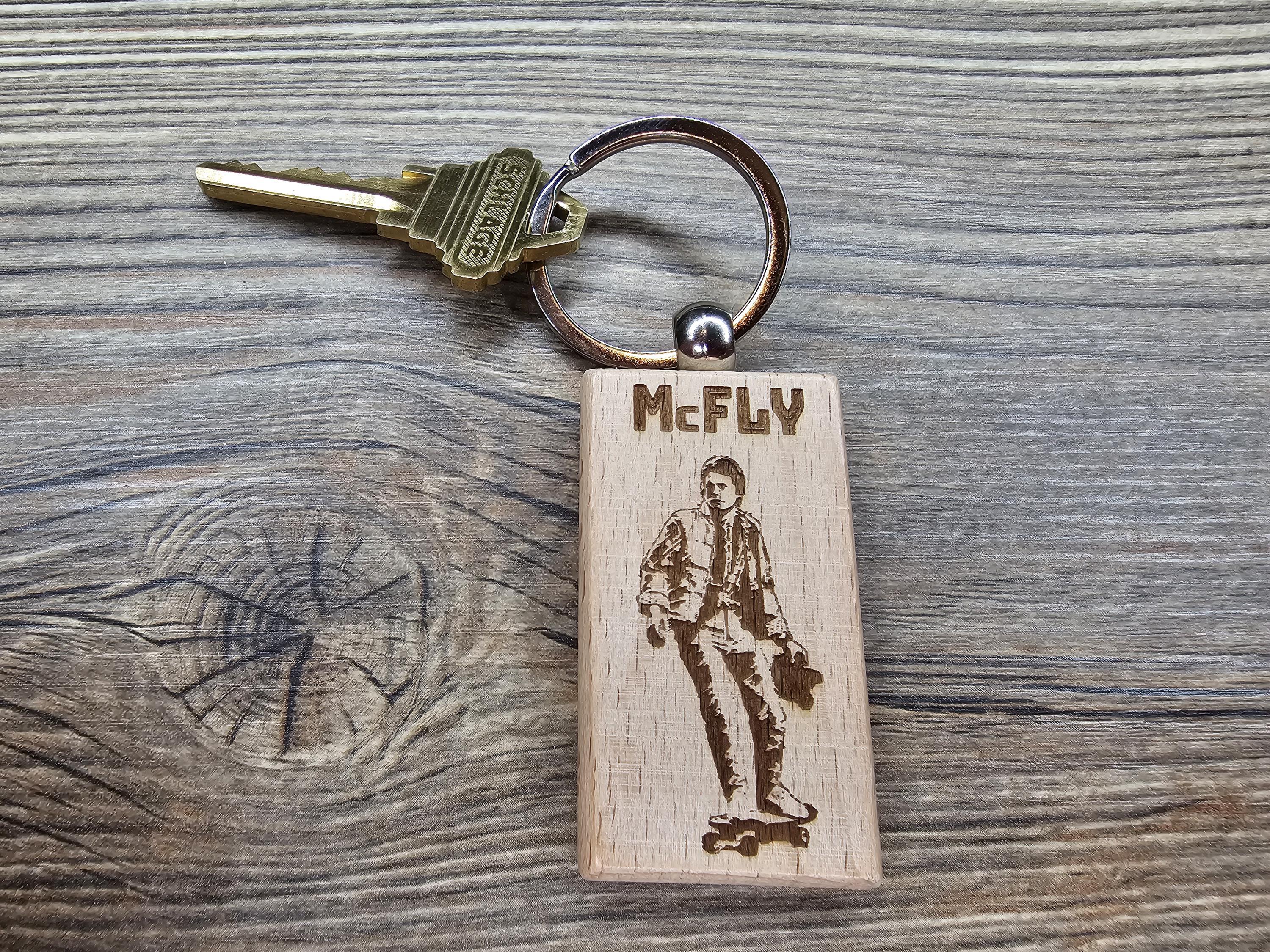 Back to the future keychain / bag charm: laser engraved wood, double-sided Mcfly design