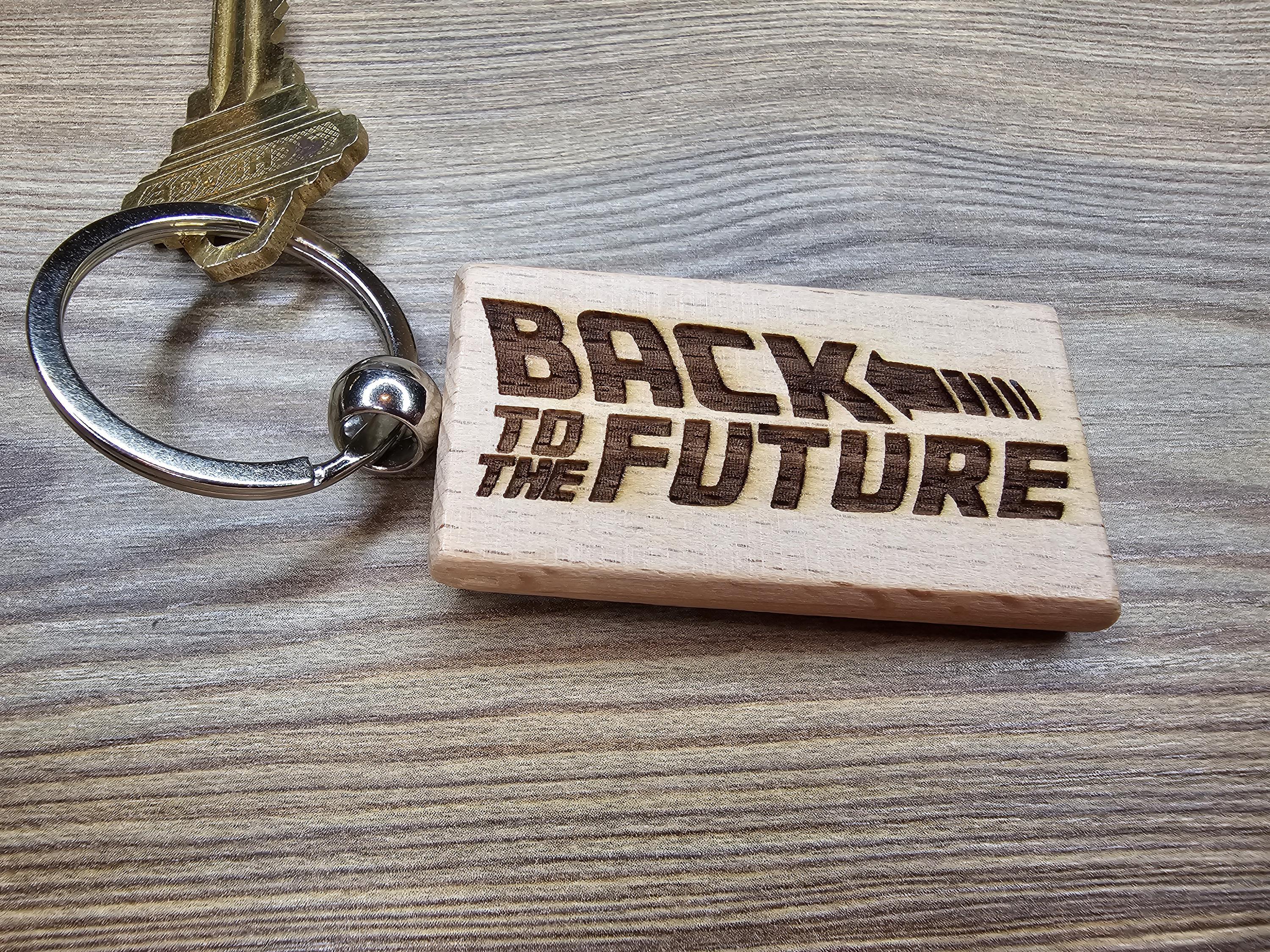 Back to the future keychain / bag charm: laser engraved hardwood, stainless steel keyring