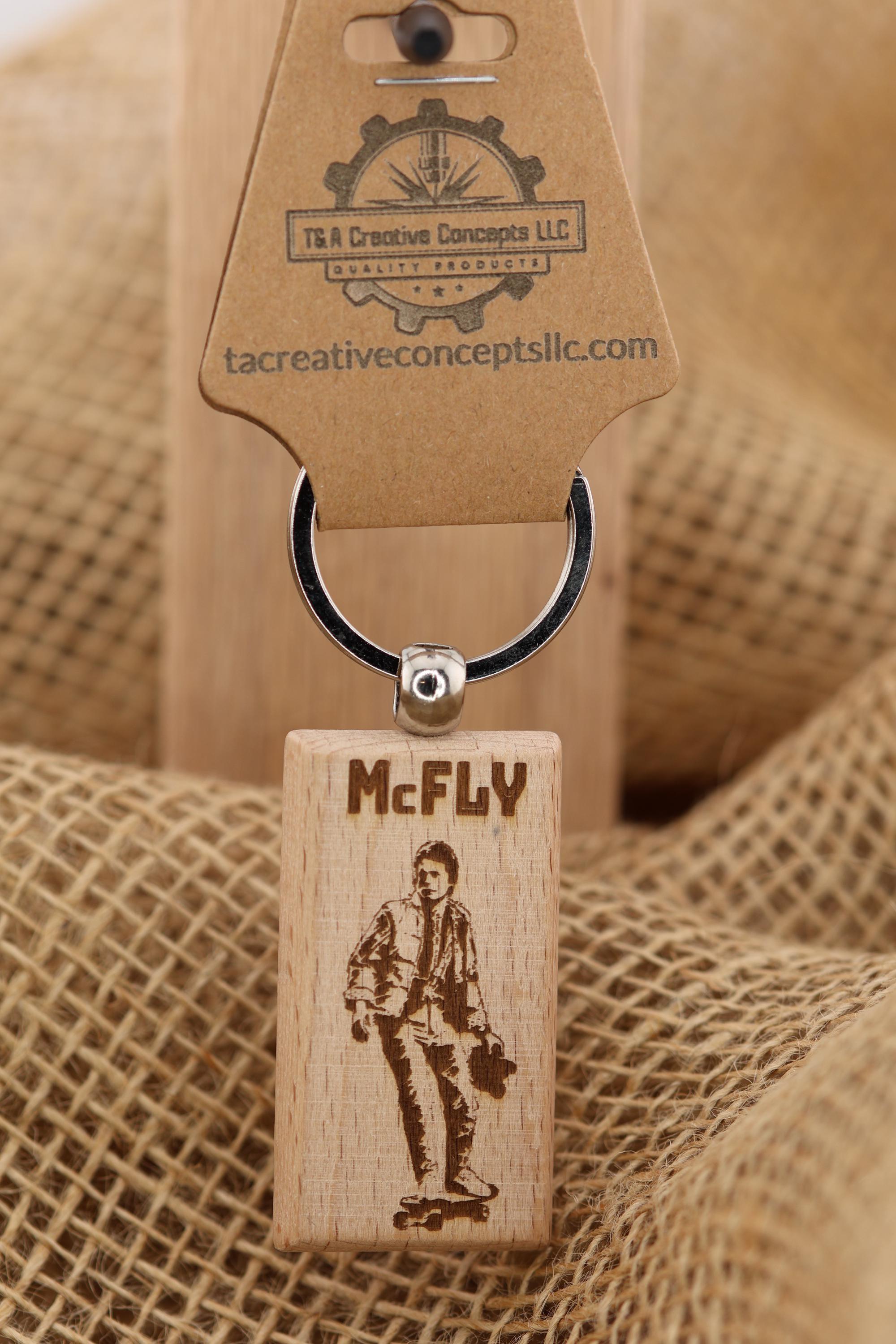 Back to the future keychain / bag charm: laser engraved wood, double-sided Mcfly design