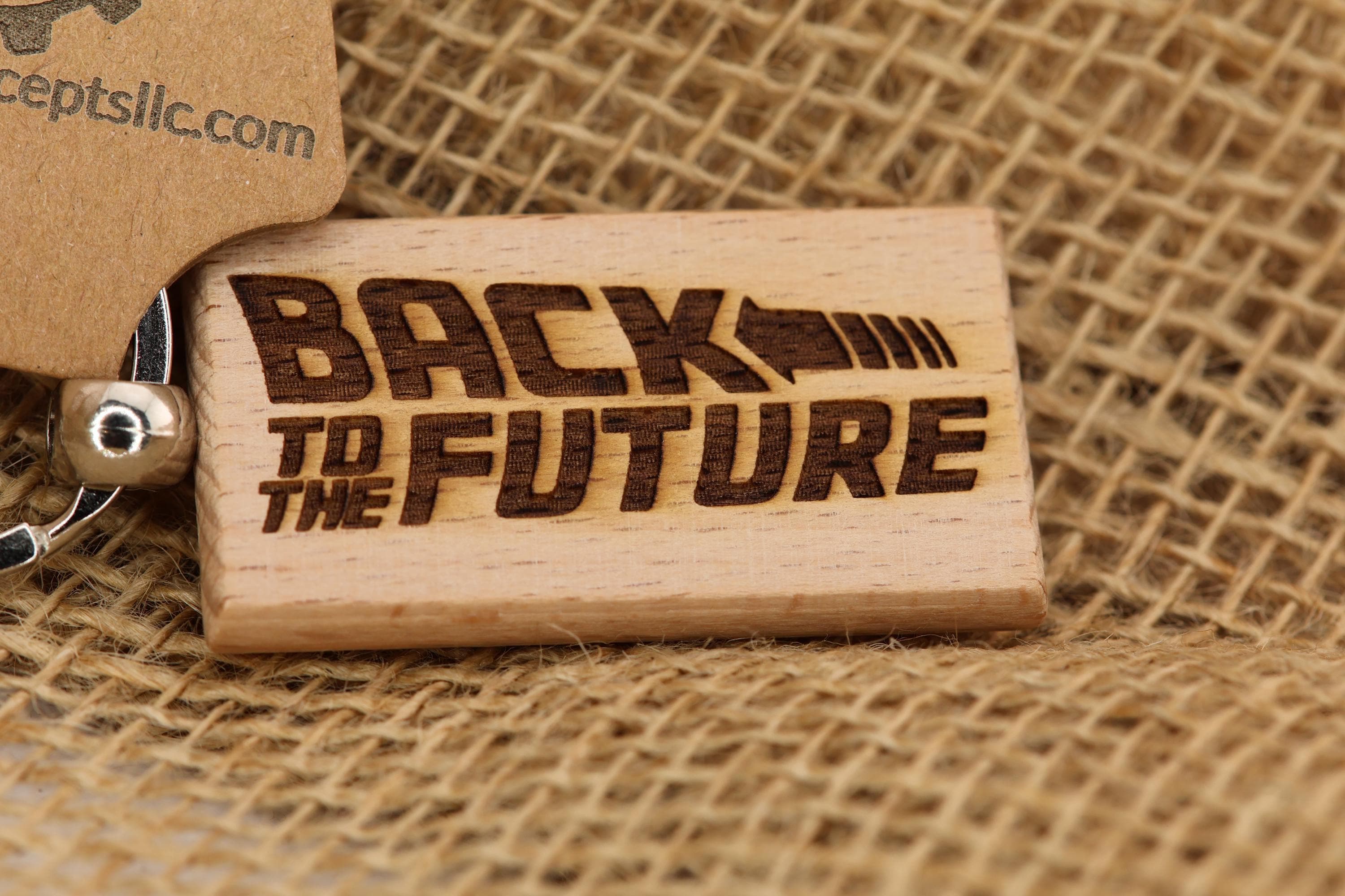 Back to the future keychain / bag charm: laser engraved hardwood, stainless steel keyring