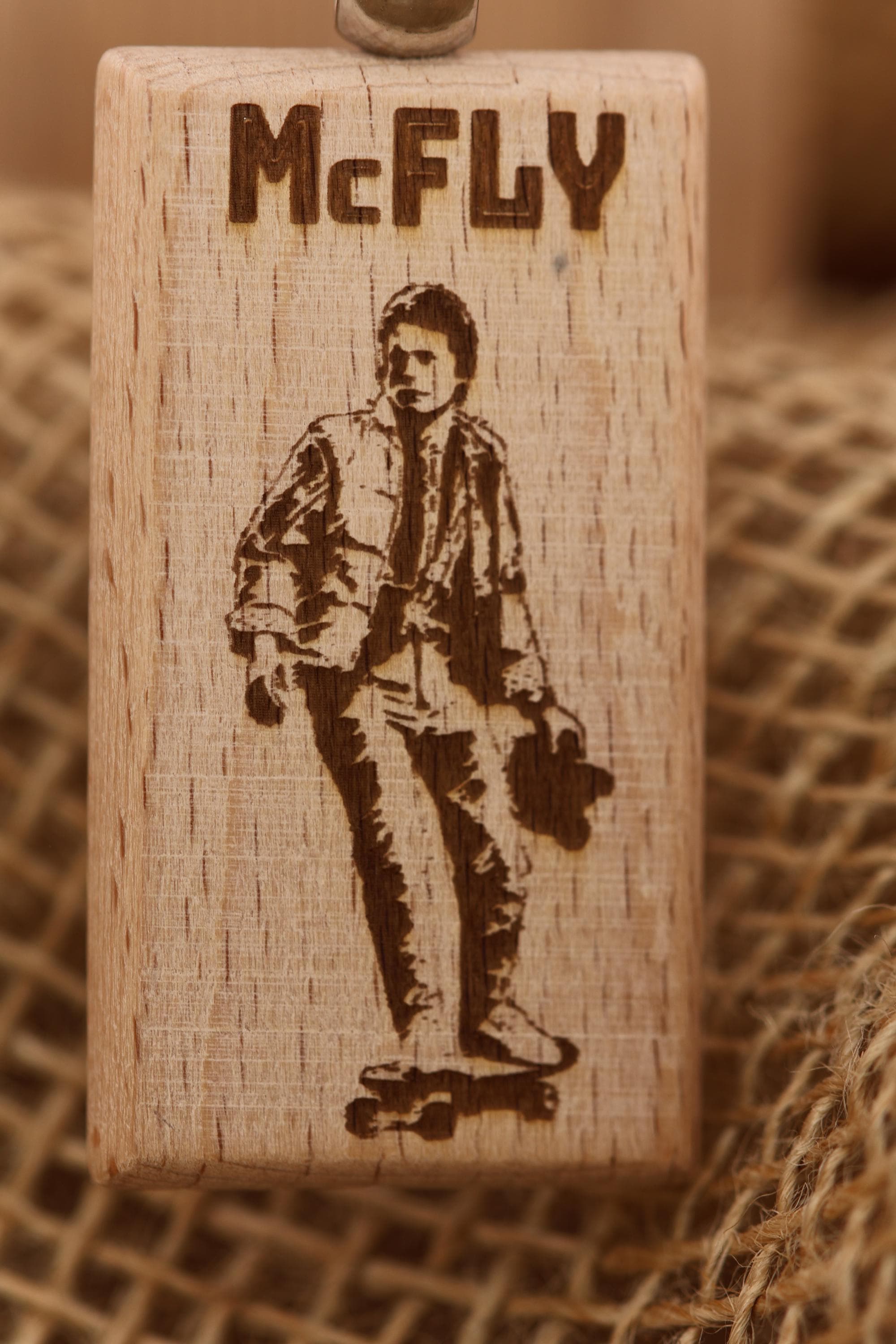 Back to the future keychain / bag charm: laser engraved wood, double-sided Mcfly design
