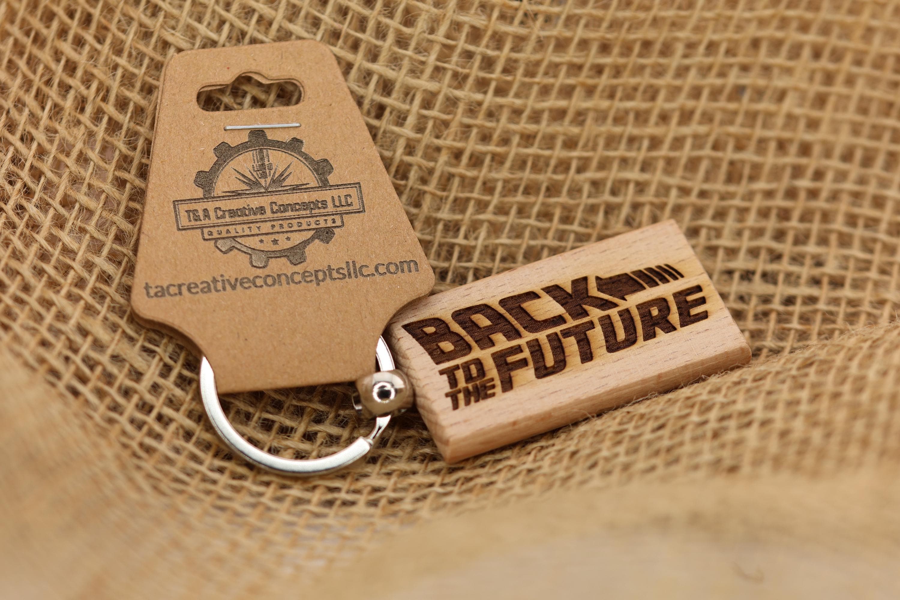 Back to the future keychain / bag charm: laser engraved hardwood, stainless steel keyring