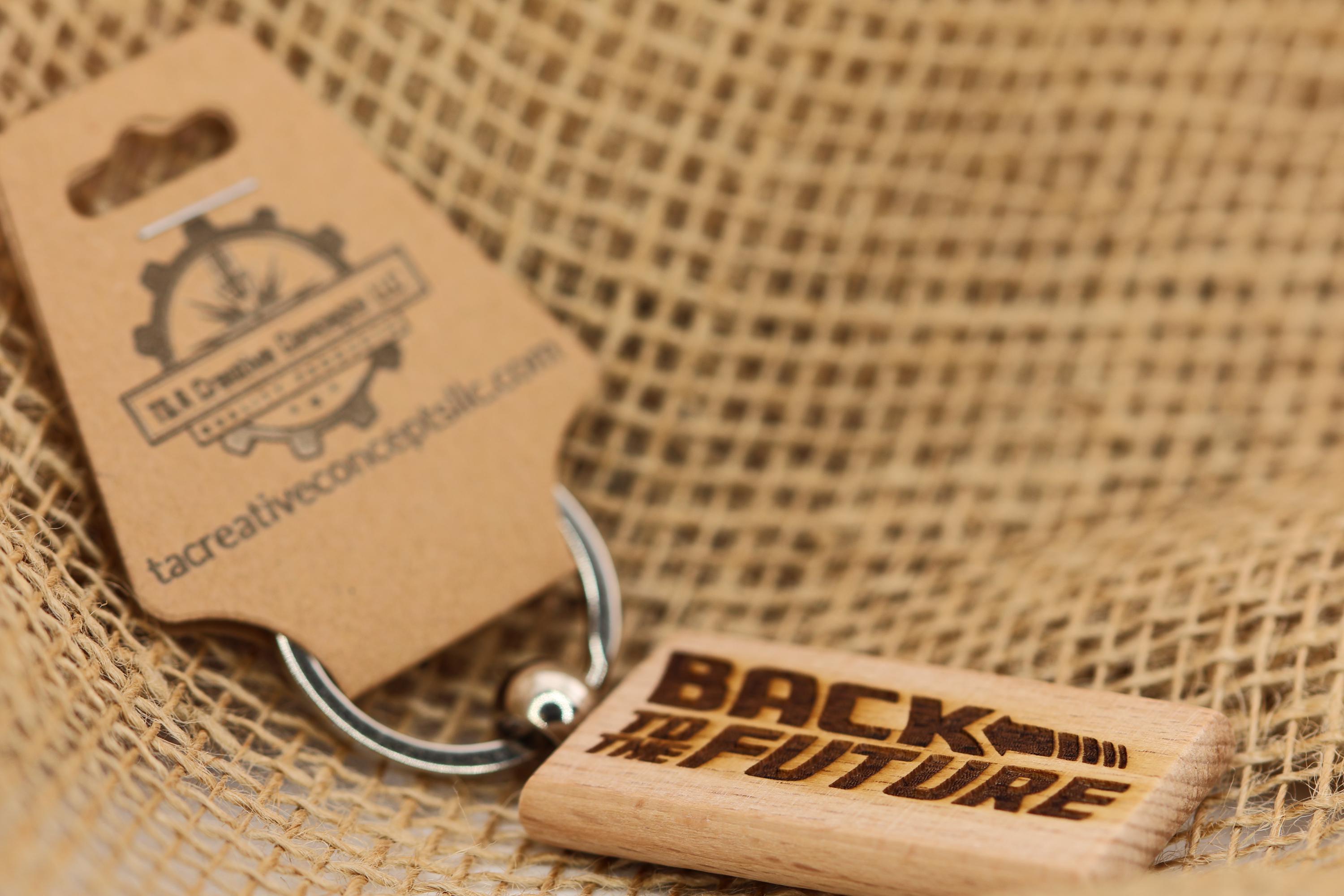 Back to the future keychain / bag charm: laser engraved hardwood, stainless steel keyring