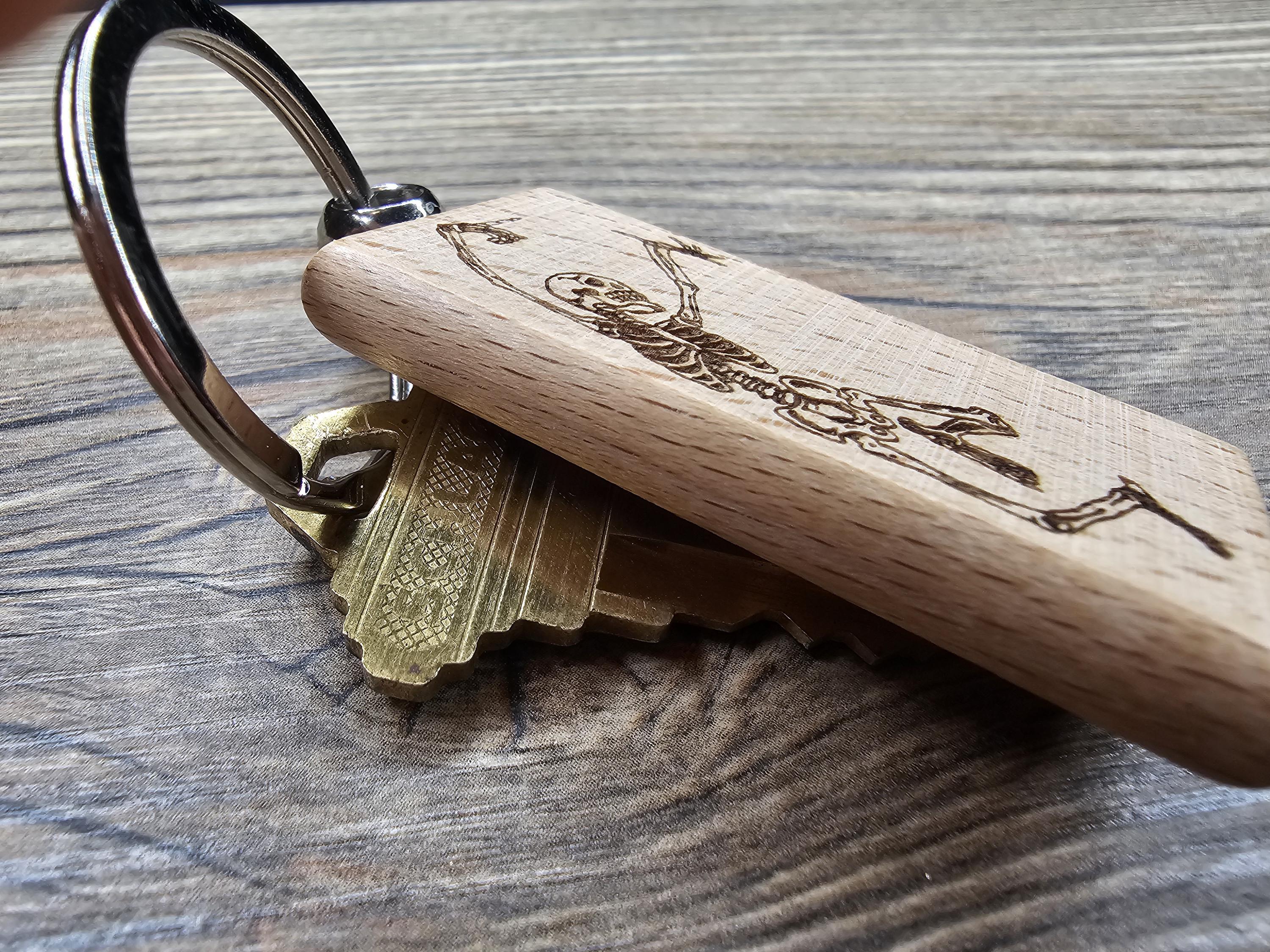 Grateful dead dancing skeleton keychain / bag charm – double-sided laser engraved wood with stainless steel keyring, deadhead gift
