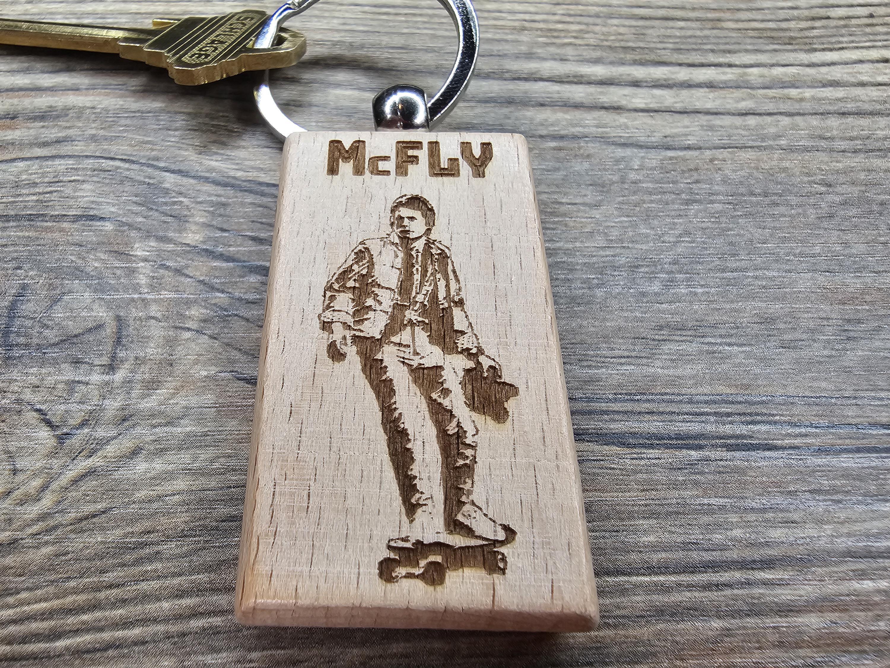 Back to the future keychain / bag charm: laser engraved wood, double-sided Mcfly design