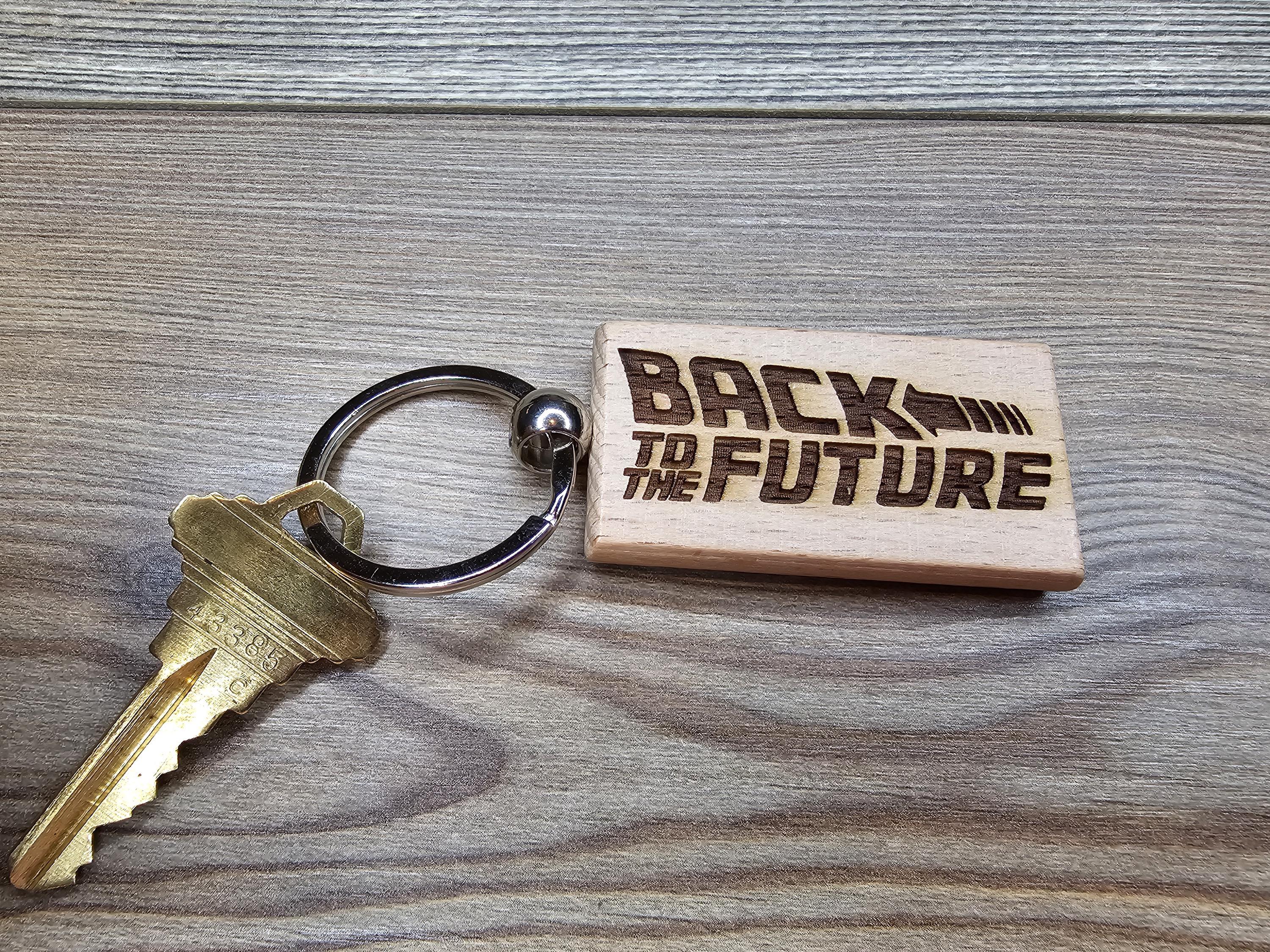 Back to the future keychain / bag charm: laser engraved hardwood, stainless steel keyring