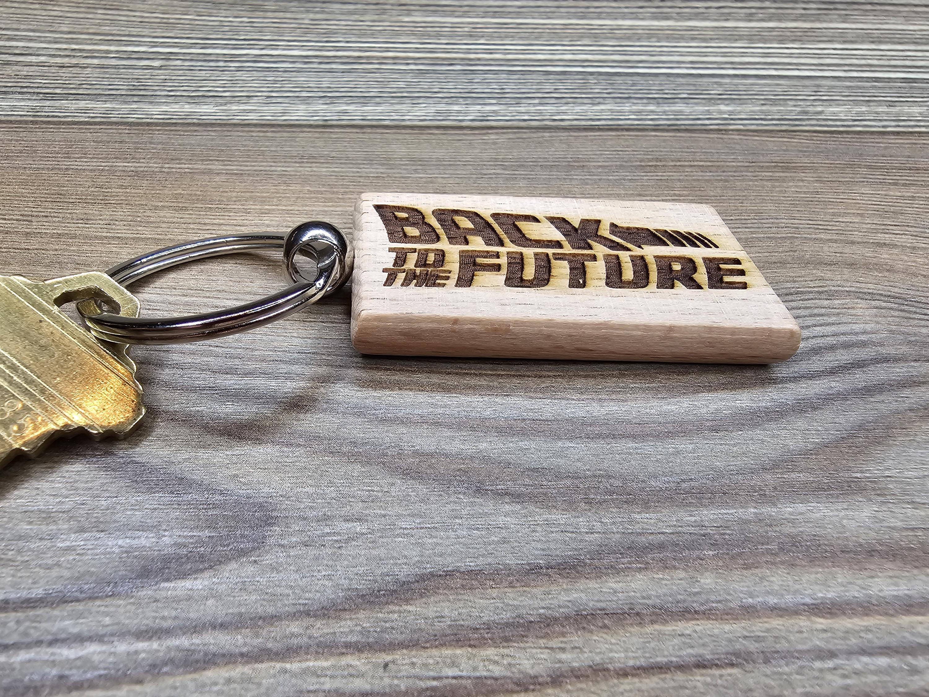 Back to the future keychain / bag charm: laser engraved hardwood, stainless steel keyring