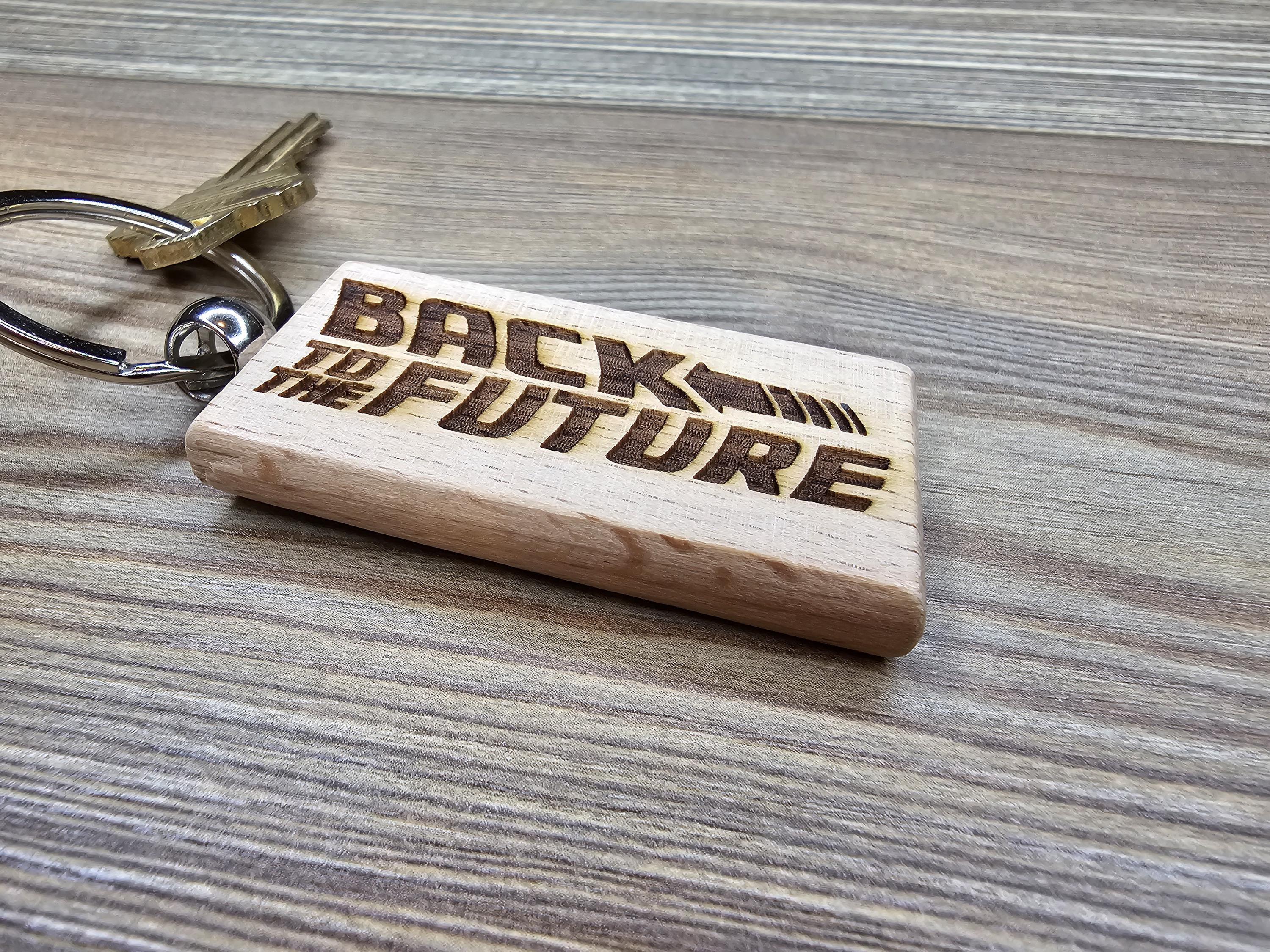 Back to the future keychain / bag charm: laser engraved hardwood, stainless steel keyring