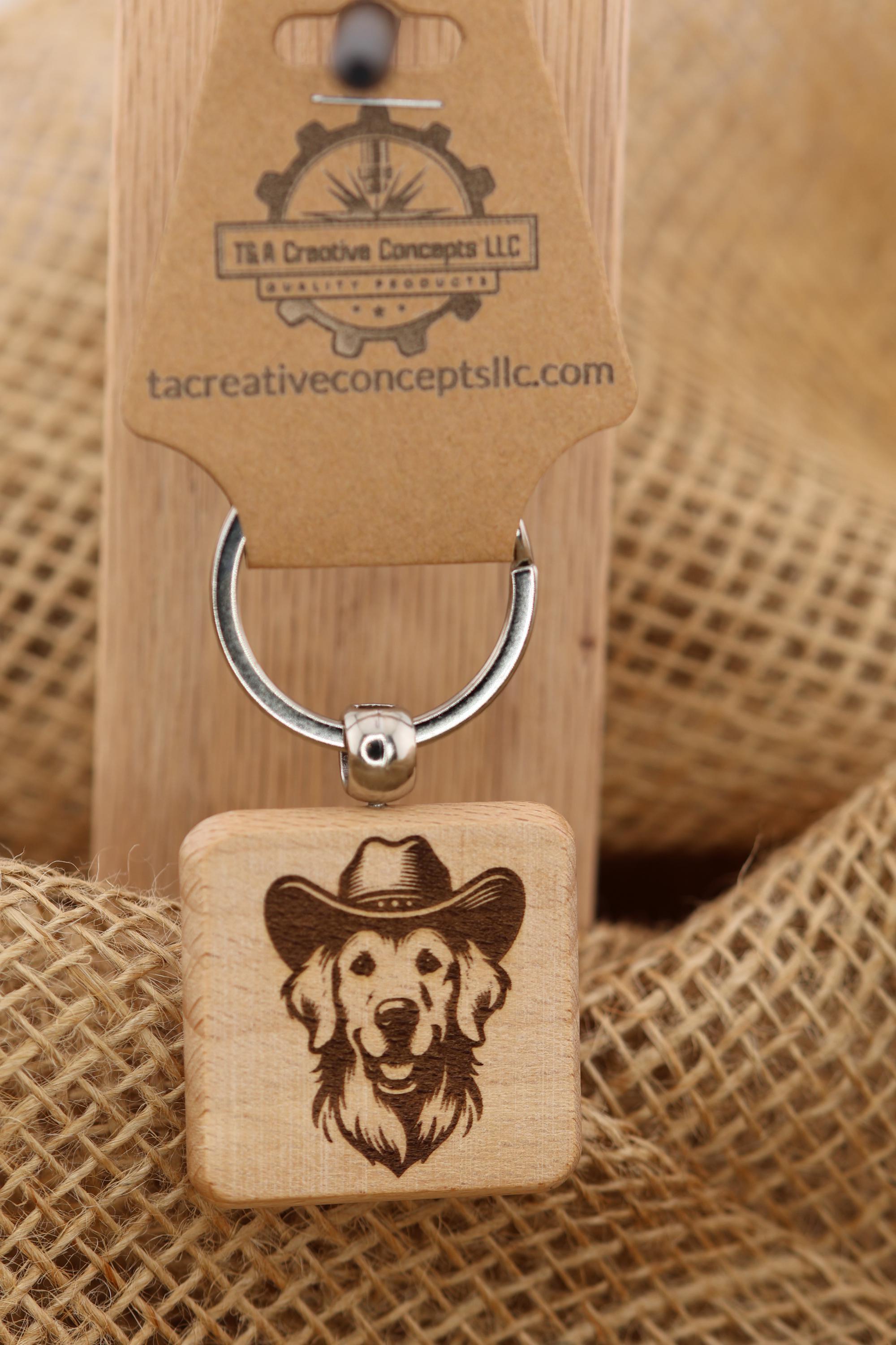 Cowboy Golden Retriever keychain / Bag Charm: laser engraved wood, western gift