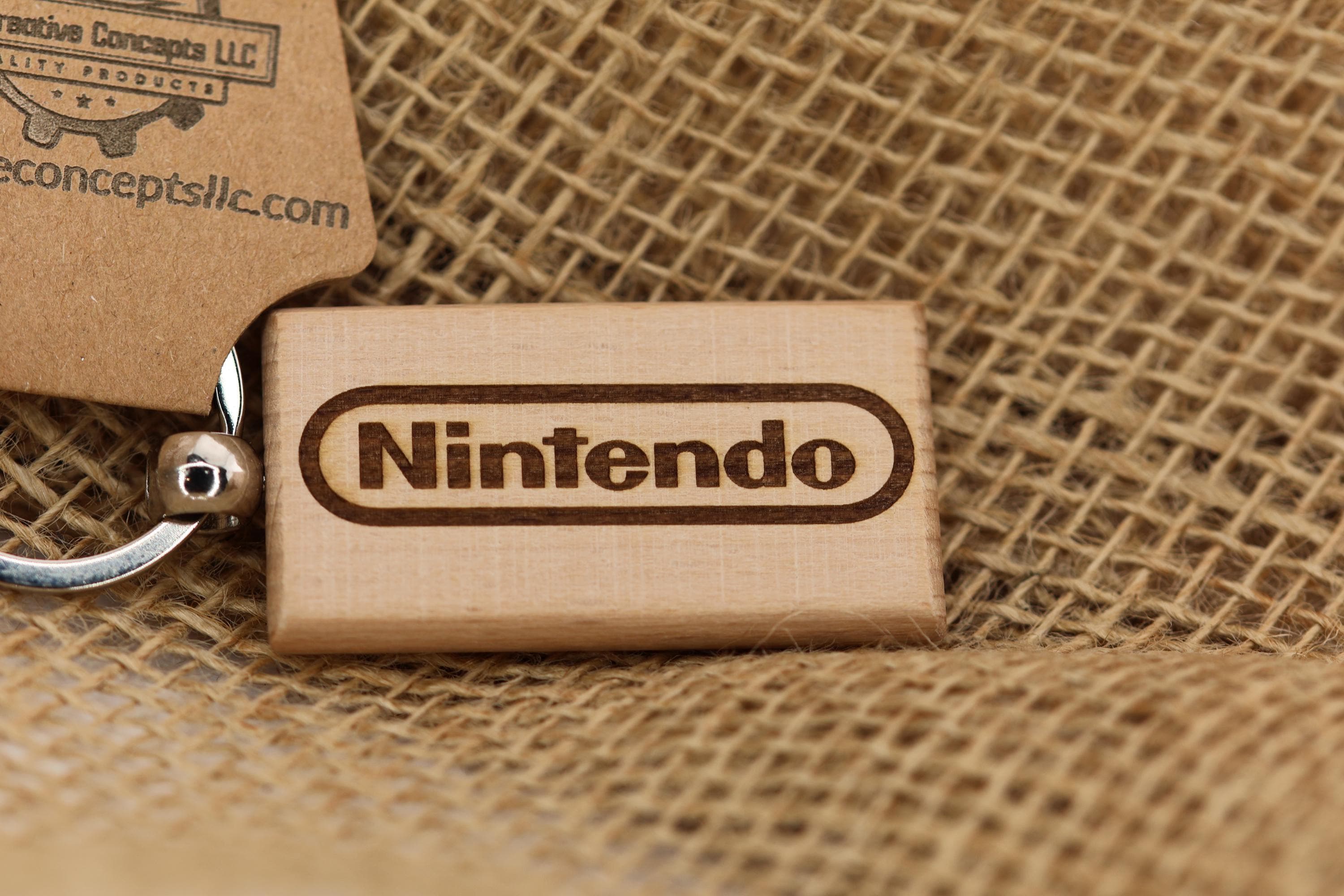 Nintendo logo keychain / bag charm: laser engraved hardwood, stainless steel keyring