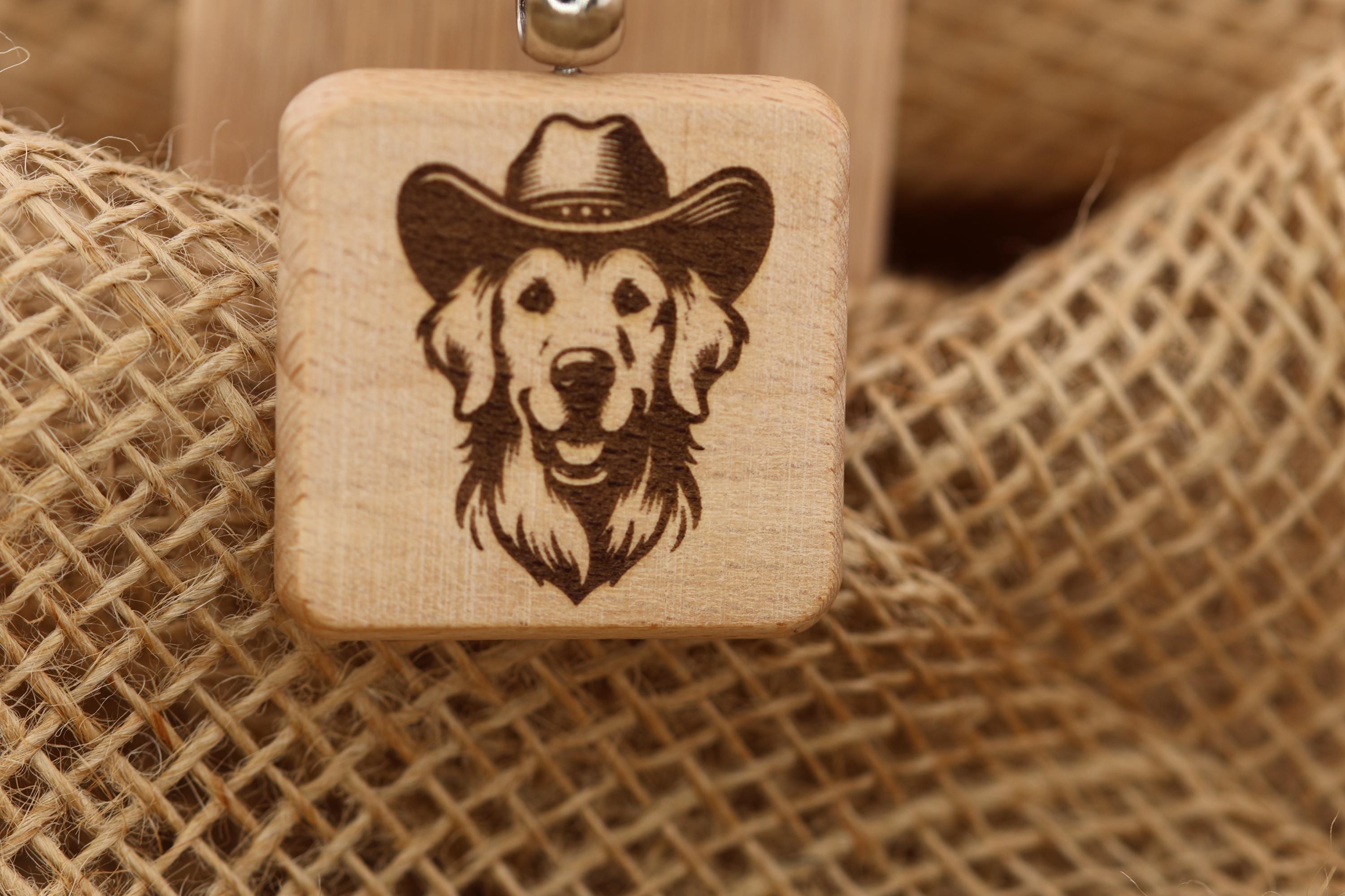 Cowboy Golden Retriever keychain / Bag Charm: laser engraved wood, western gift