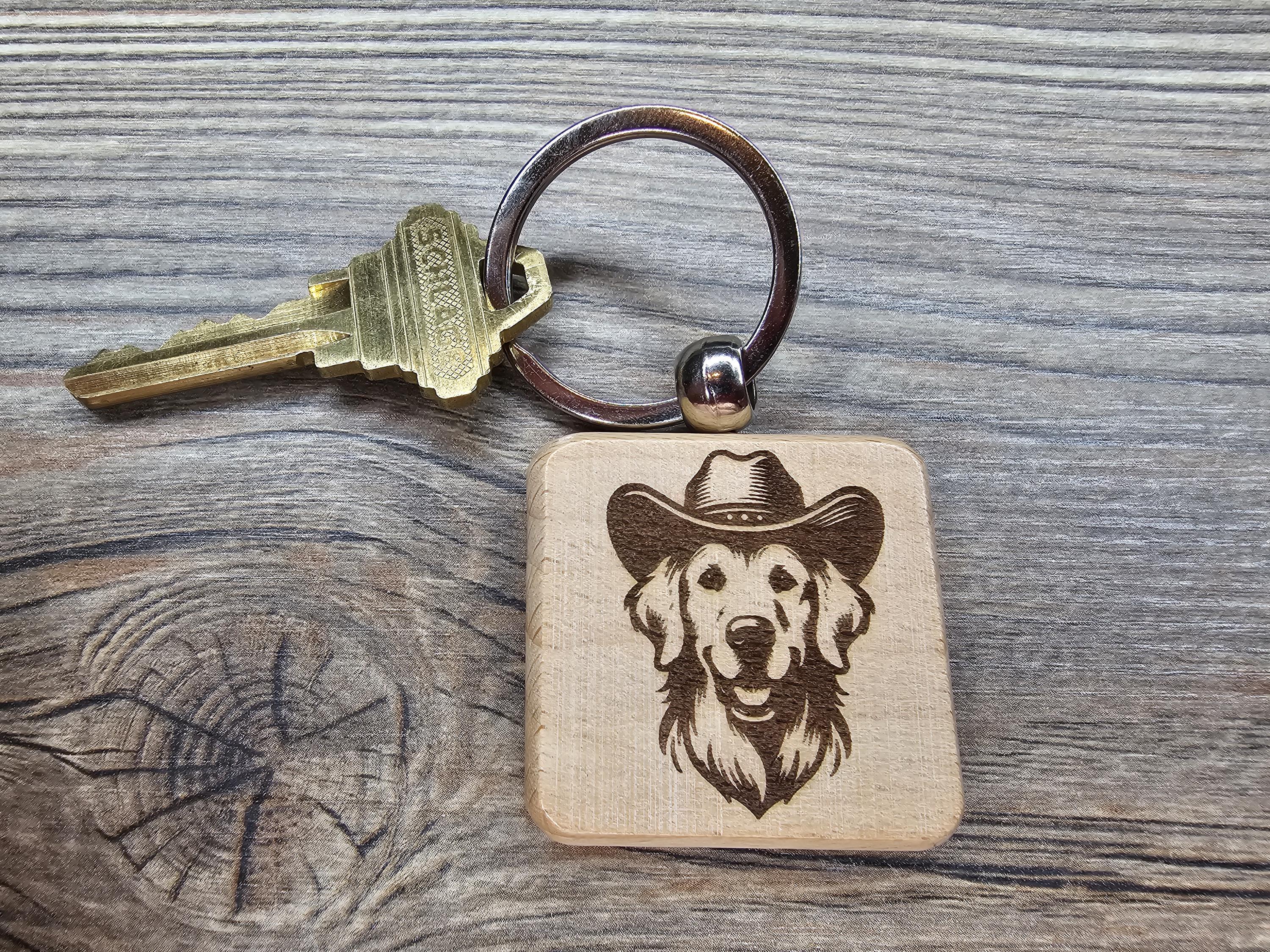 Cowboy Golden Retriever keychain / Bag Charm: laser engraved wood, western gift