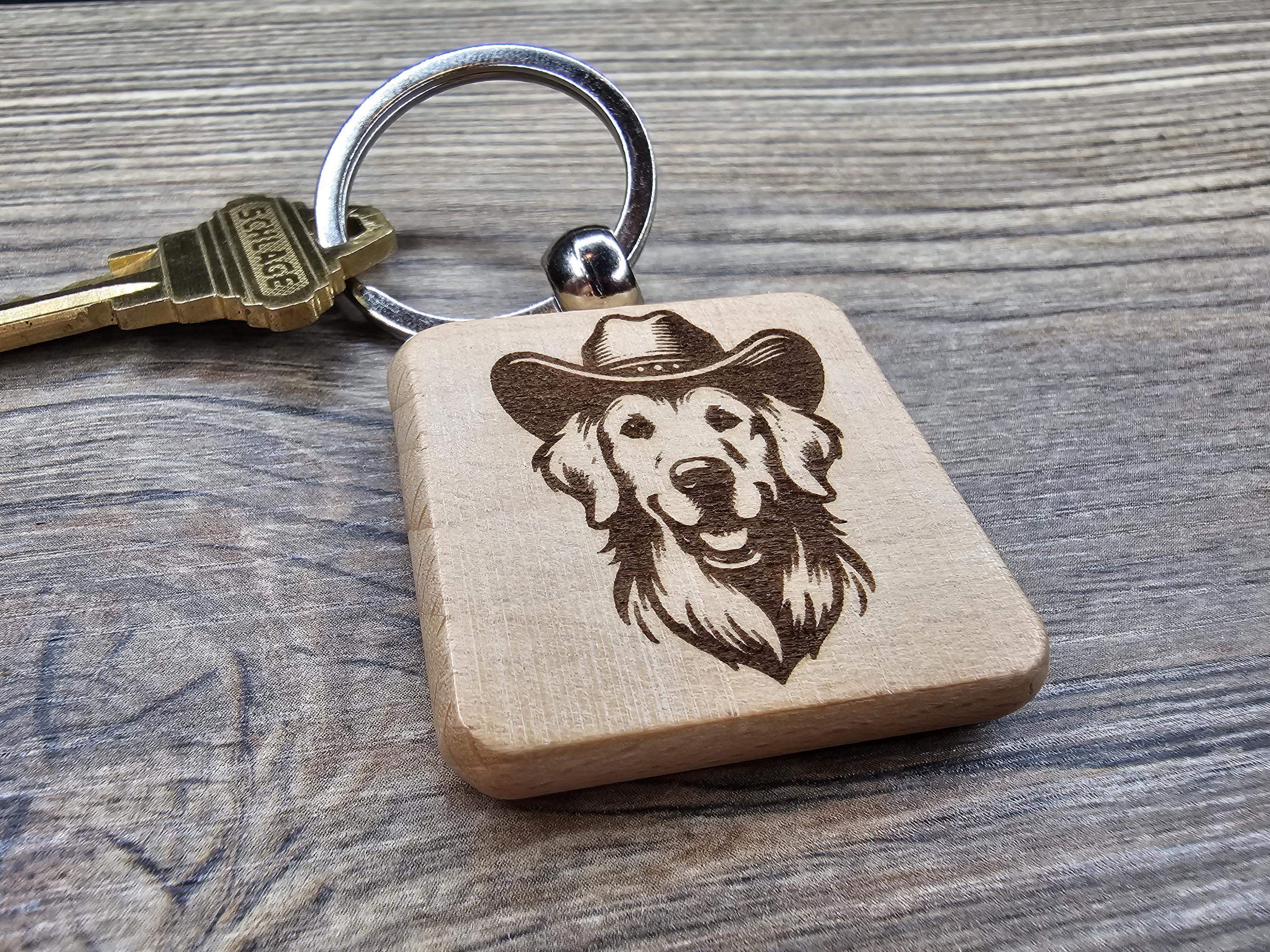 Cowboy Golden Retriever keychain / Bag Charm: laser engraved wood, western gift