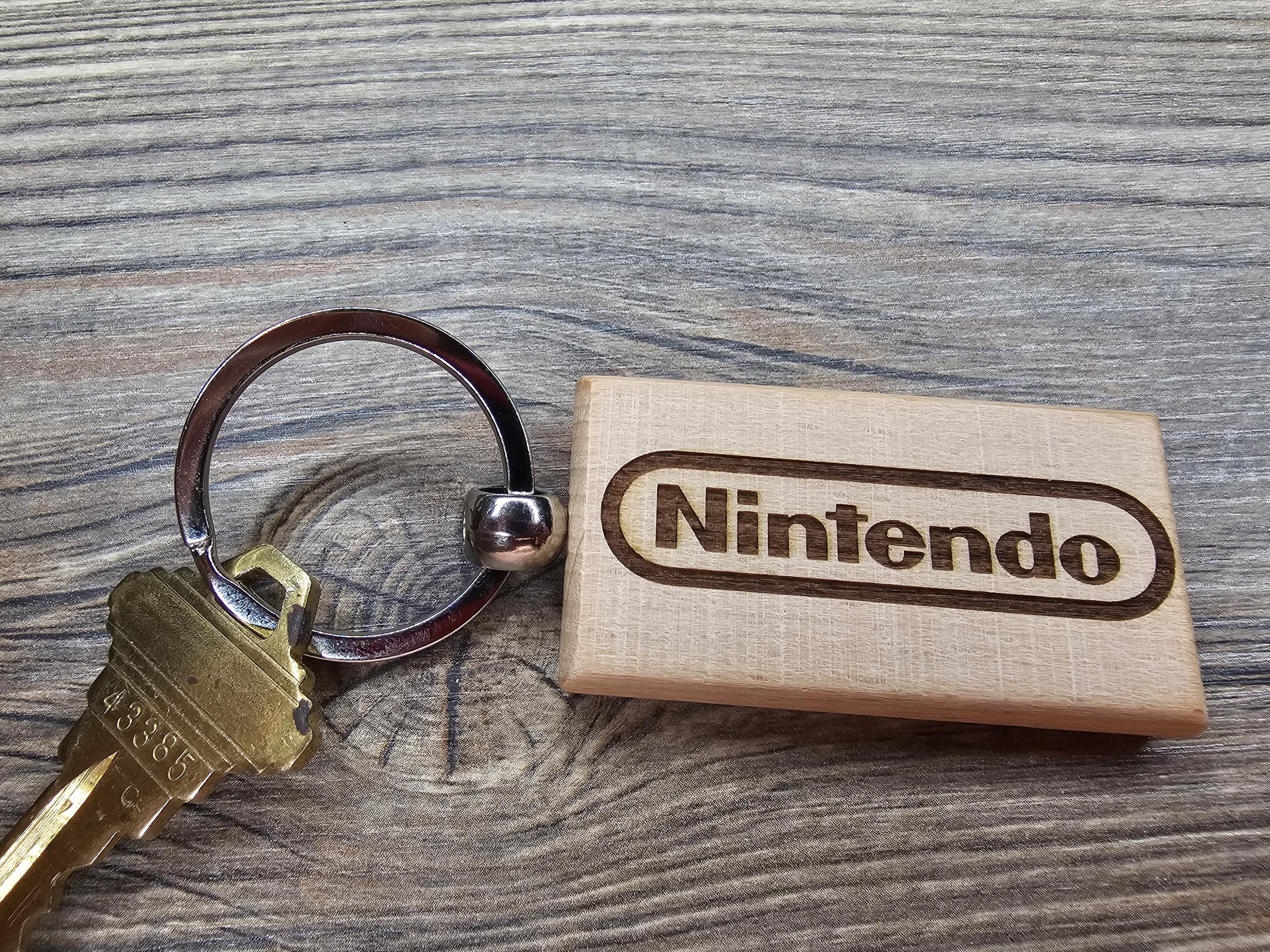 Nintendo logo keychain / bag charm: laser engraved hardwood, stainless steel keyring
