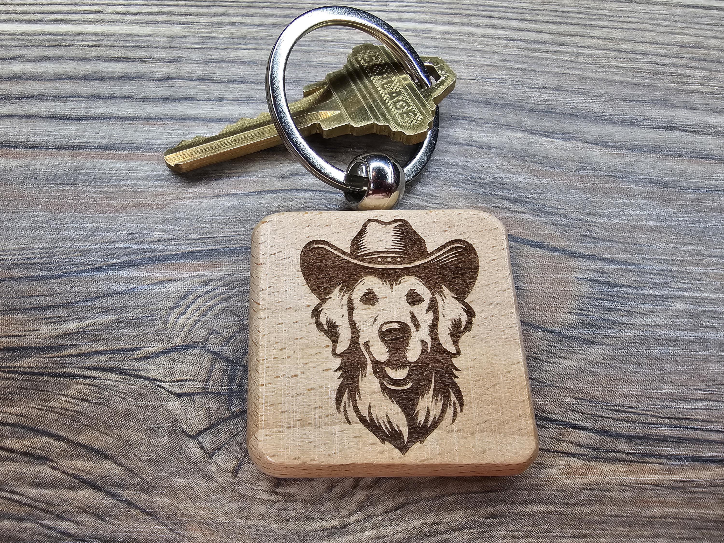 Cowboy Golden Retriever keychain / Bag Charm: laser engraved wood, western gift