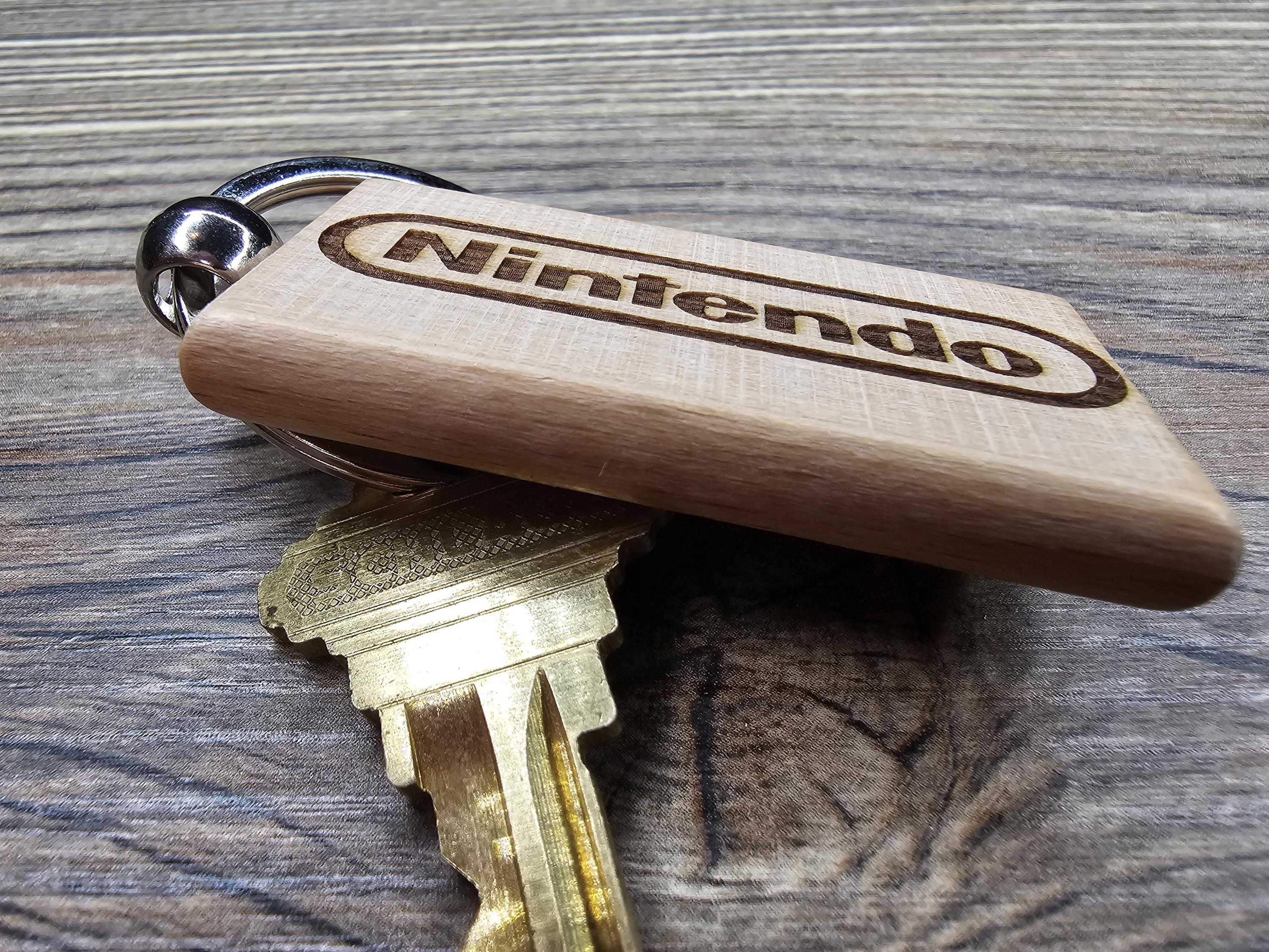 Nintendo logo keychain / bag charm: laser engraved hardwood, stainless steel keyring