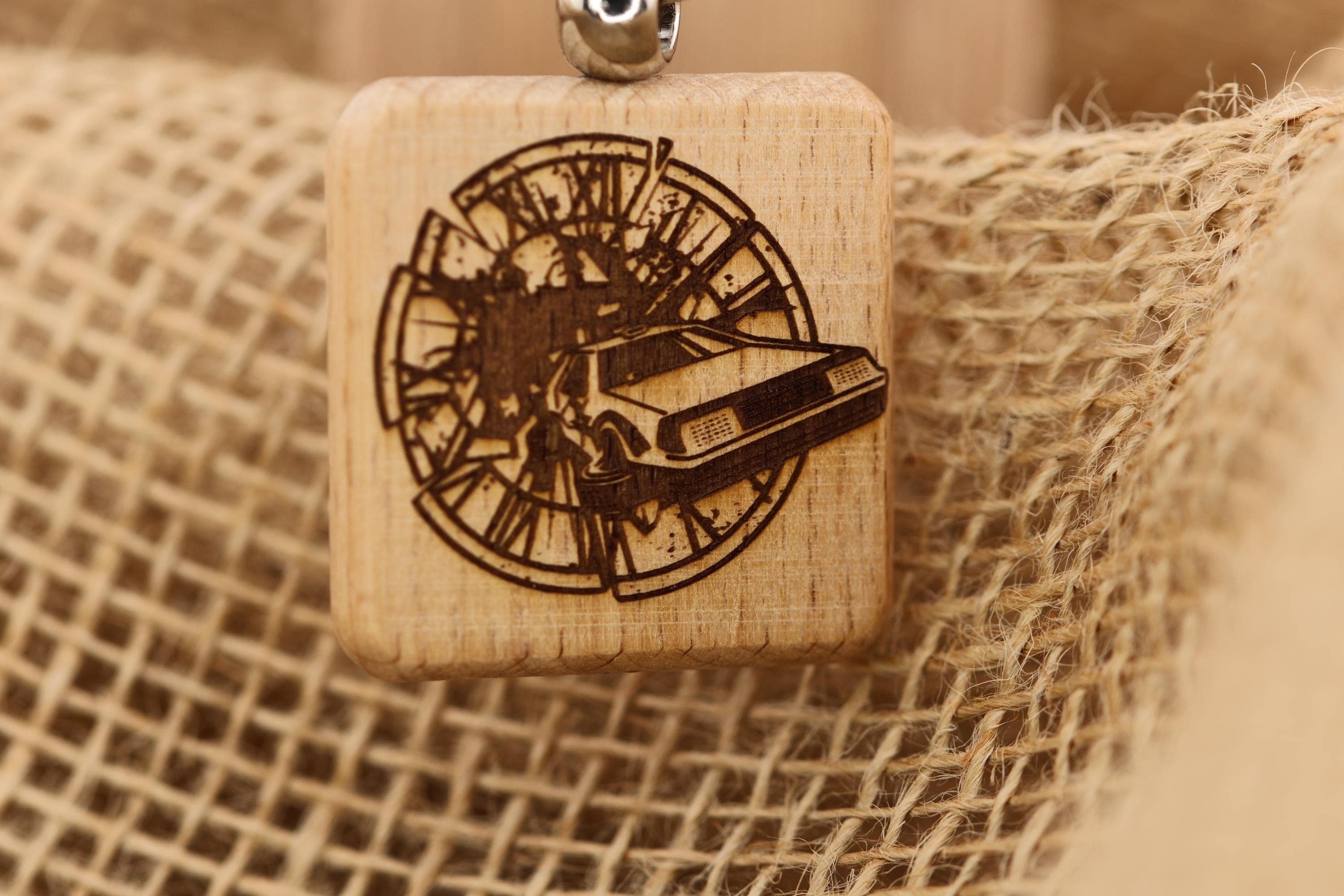 Back to the future keychain / bag charm: laser engraved hardwood, stainless steel keyring