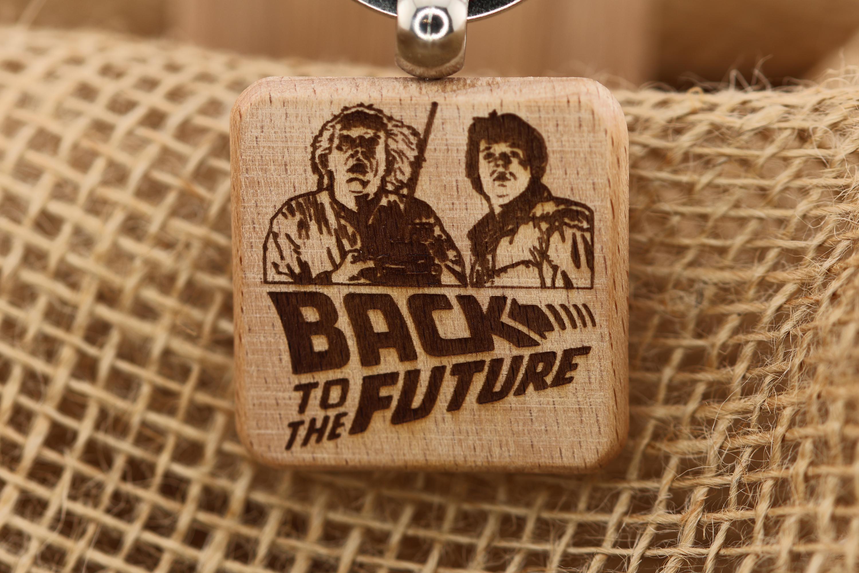 Back to the future keychain / bag charm: laser engraved hardwood, stainless steel keyring
