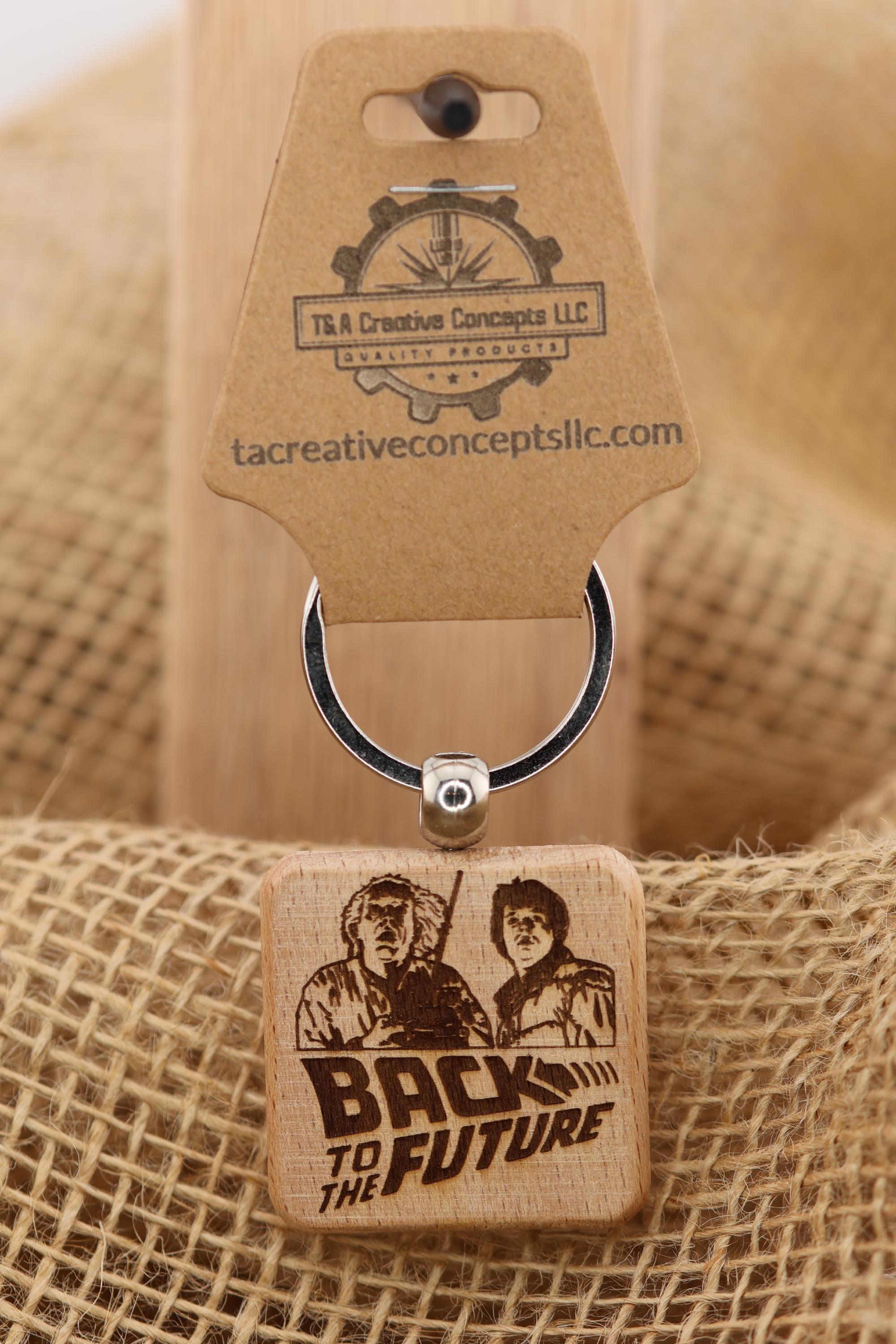 Back to the future keychain / bag charm: laser engraved hardwood, stainless steel keyring