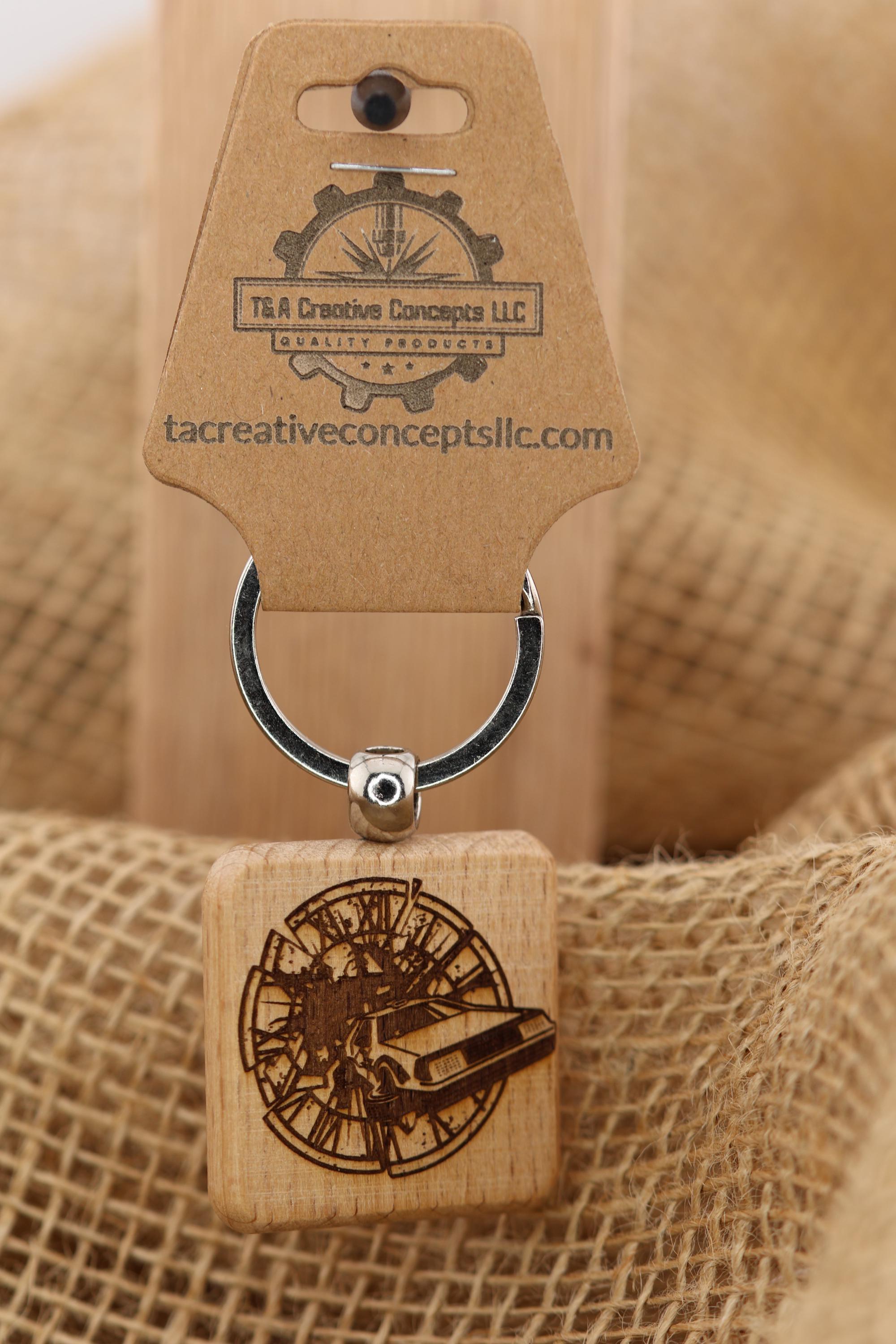 Back to the future keychain / bag charm: laser engraved hardwood, stainless steel keyring