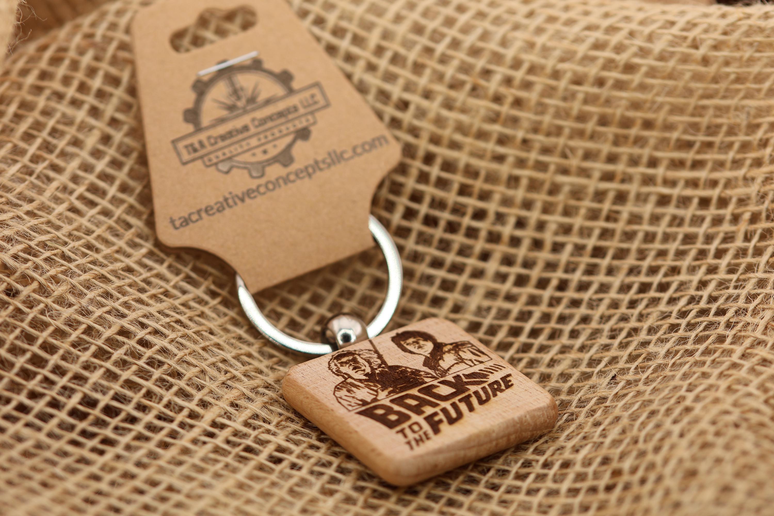Back to the future keychain / bag charm: laser engraved hardwood, stainless steel keyring