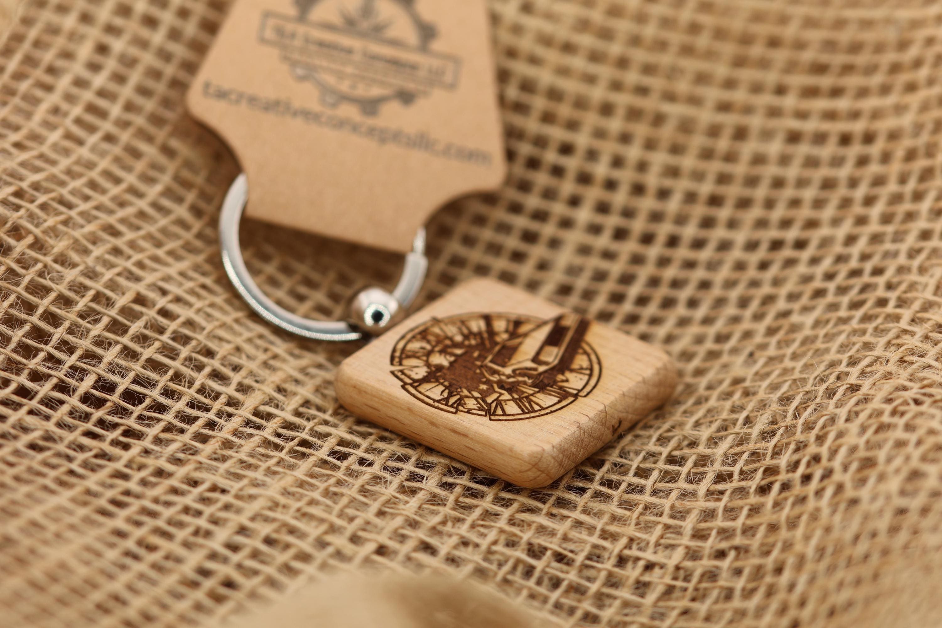 Back to the future keychain / bag charm: laser engraved hardwood, stainless steel keyring