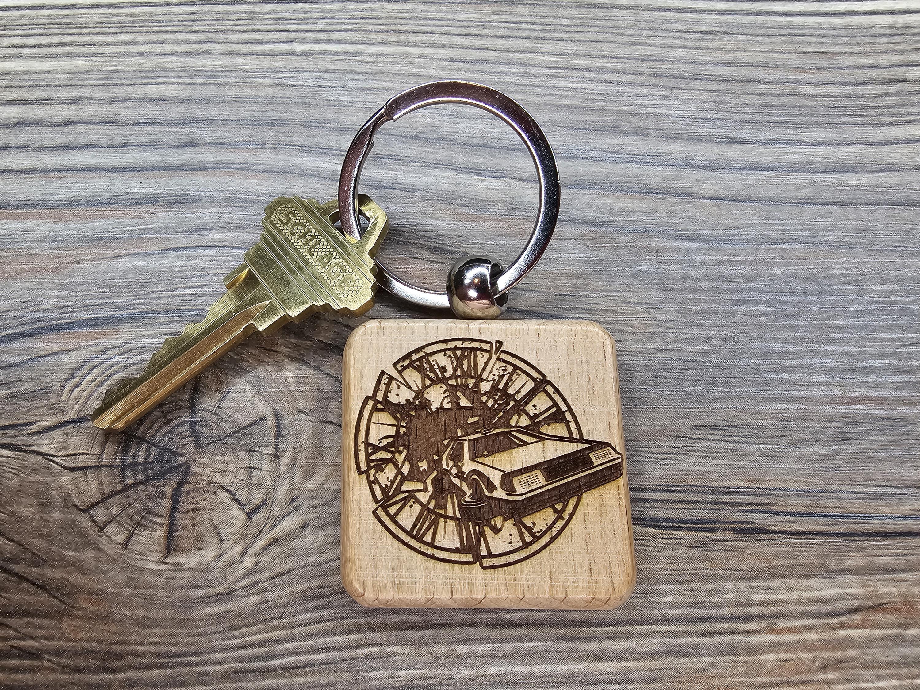 Back to the future keychain / bag charm: laser engraved hardwood, stainless steel keyring