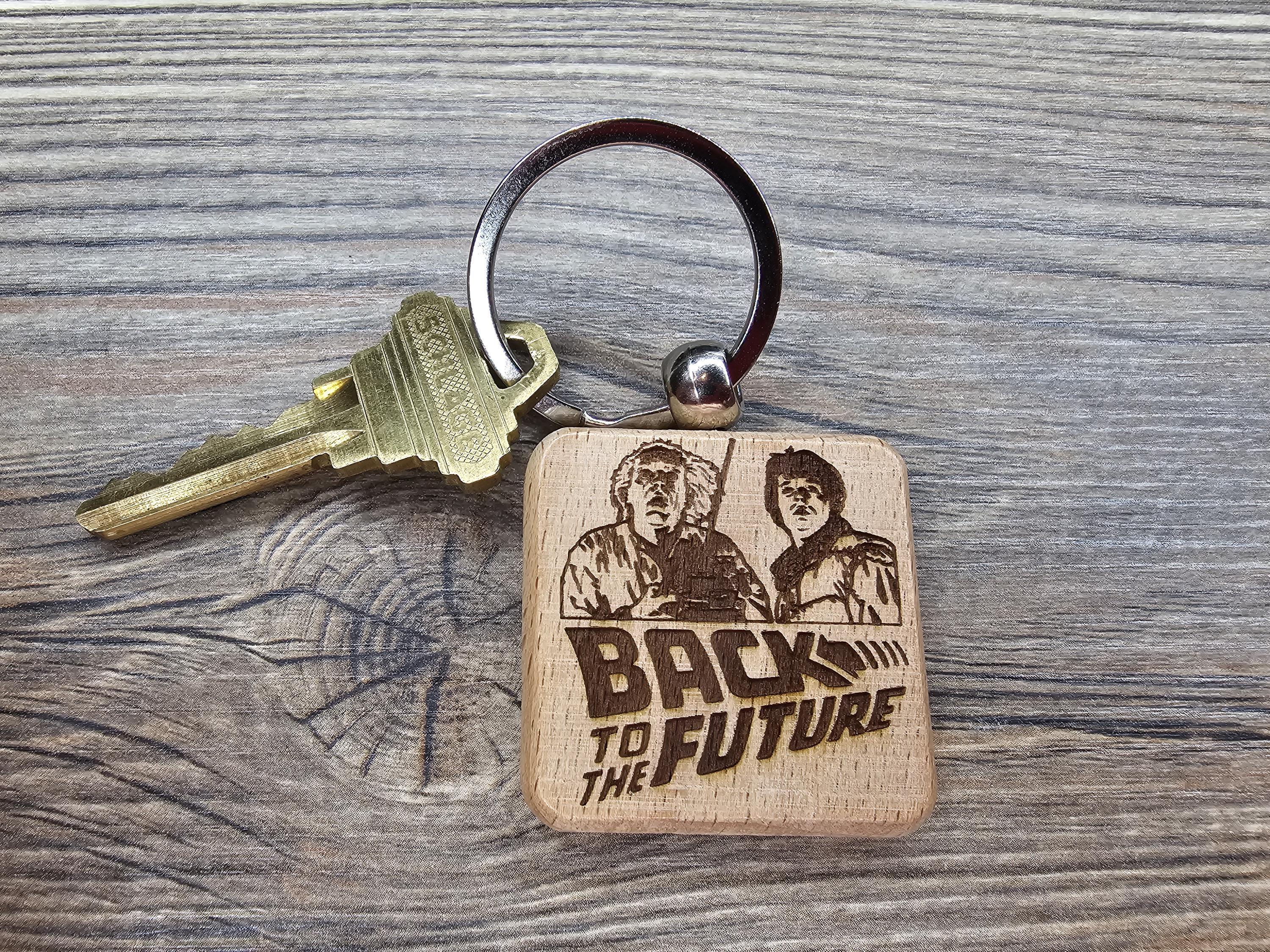 Back to the future keychain / bag charm: laser engraved hardwood, stainless steel keyring