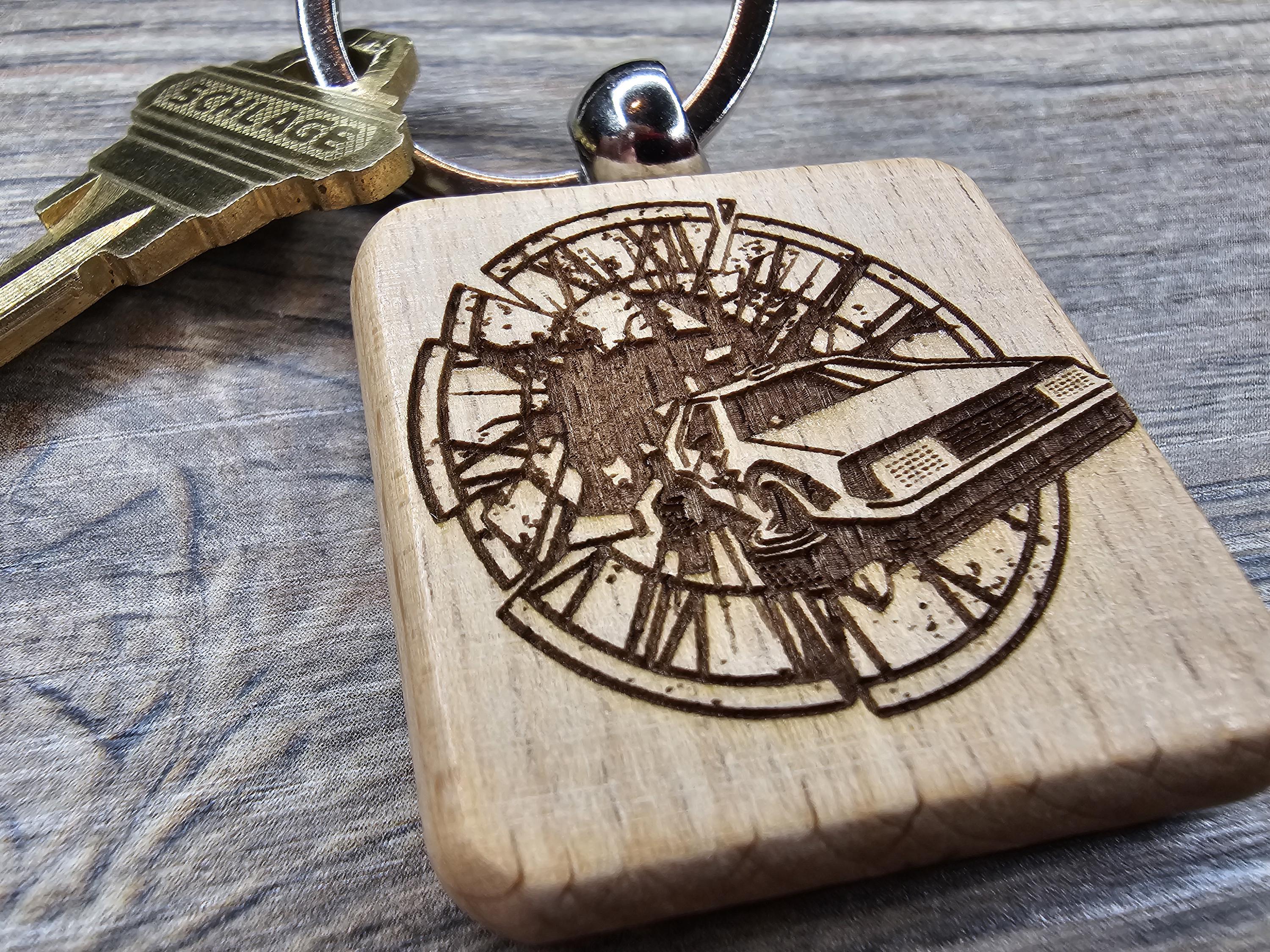 Back to the future keychain / bag charm: laser engraved hardwood, stainless steel keyring
