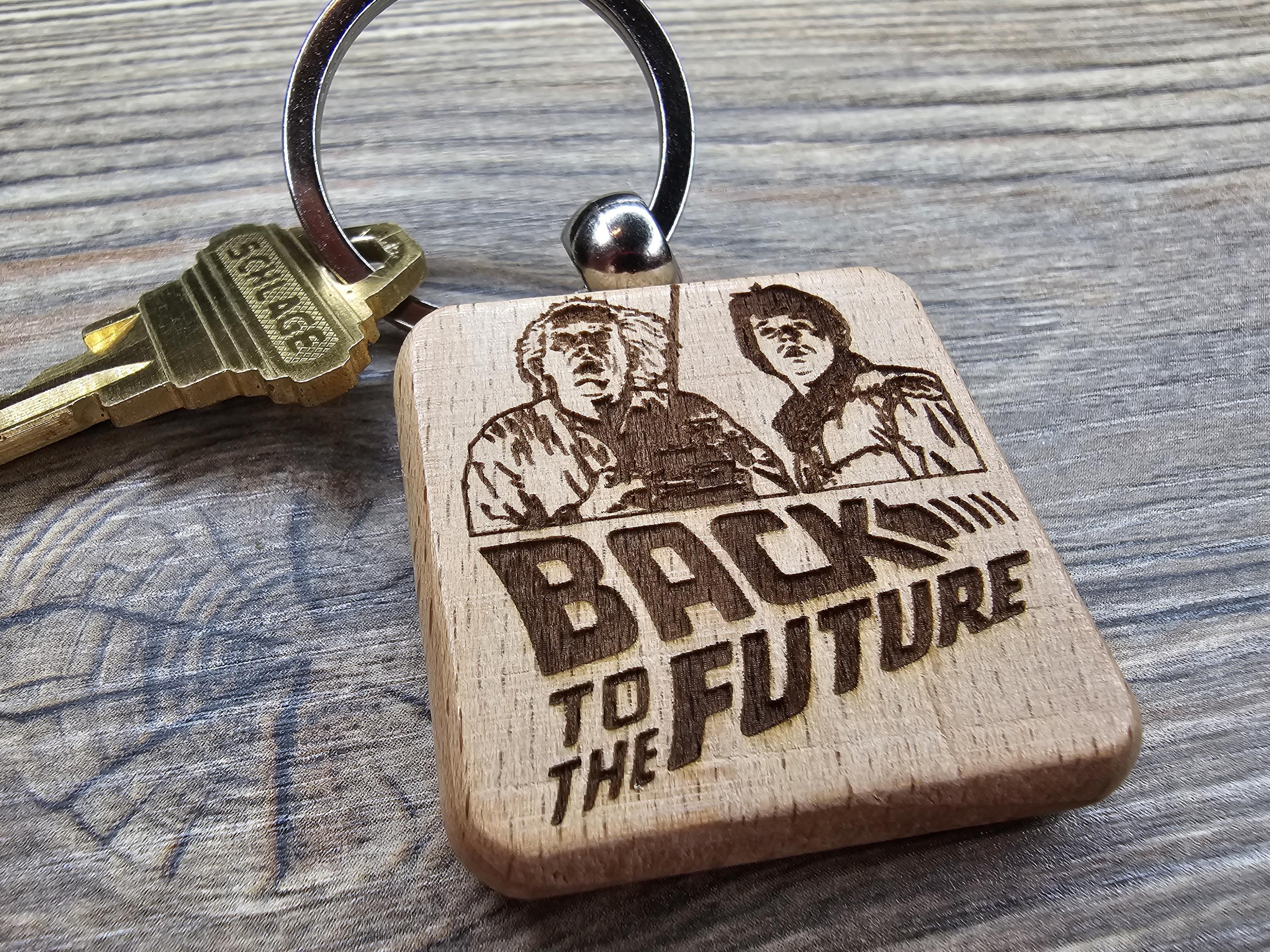 Back to the future keychain / bag charm: laser engraved hardwood, stainless steel keyring
