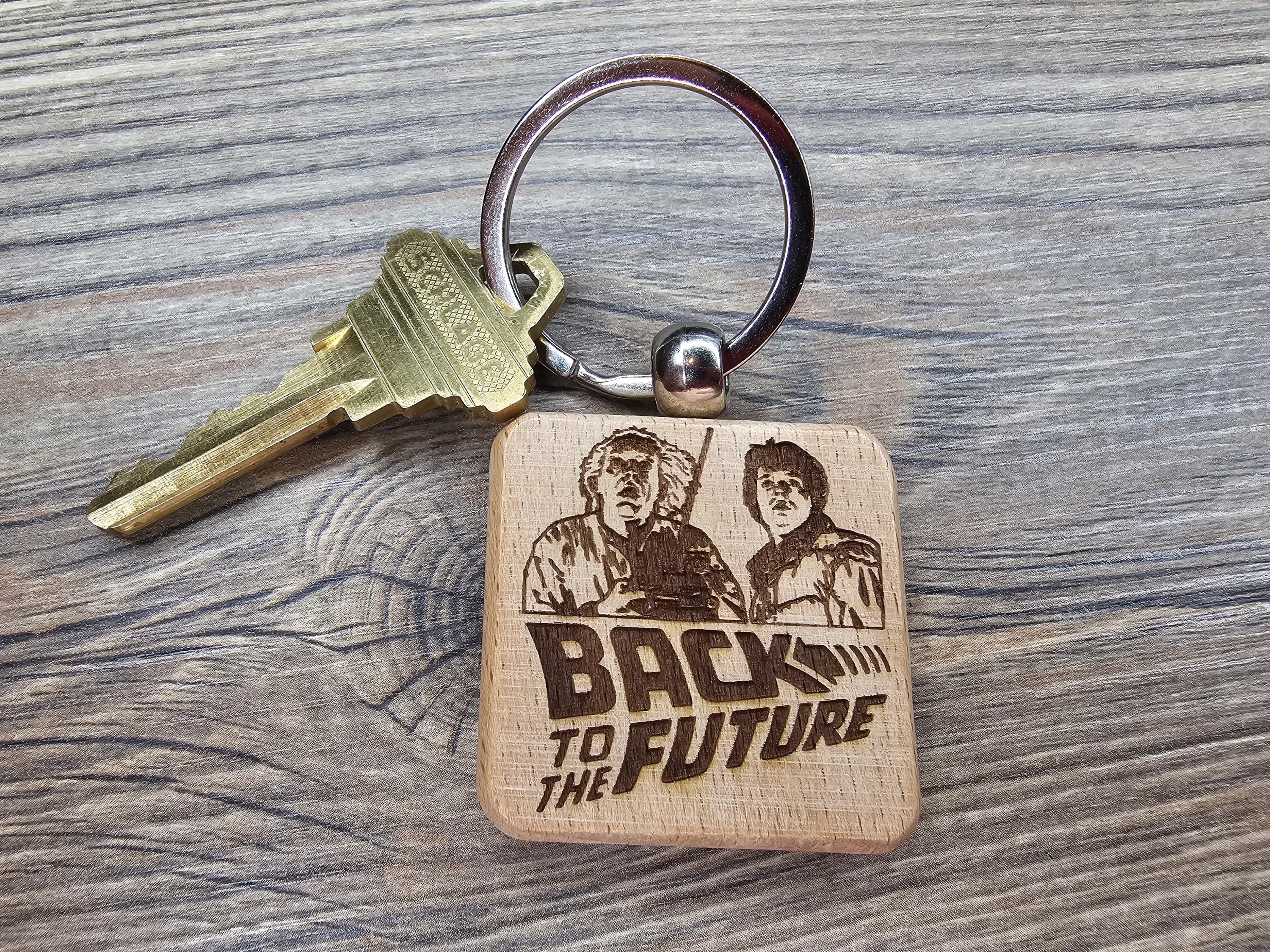 Back to the future keychain / bag charm: laser engraved hardwood, stainless steel keyring