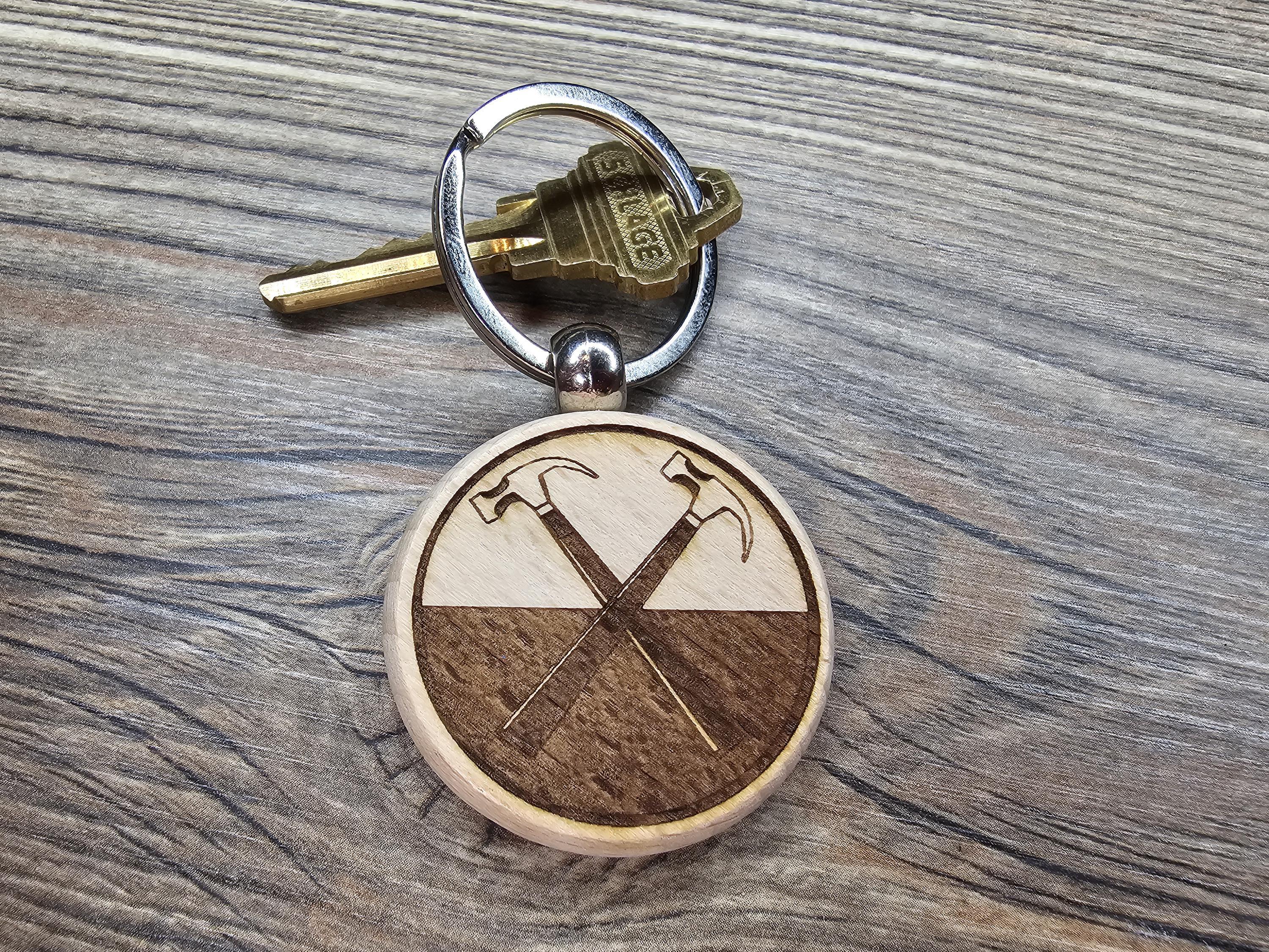Pink Floyd hammers keychain: laser engraved hardwood, stainless steel keyring