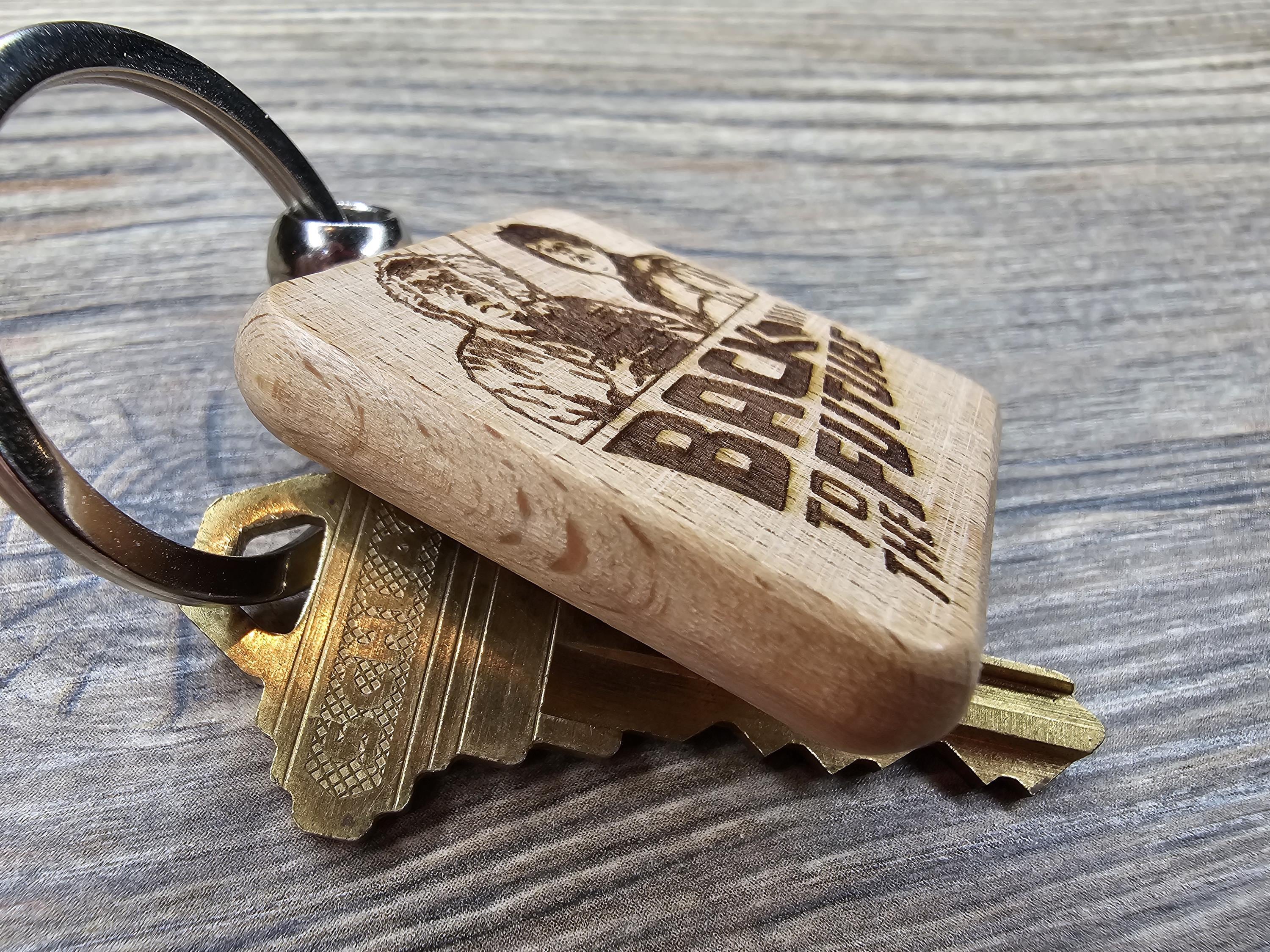 Back to the future keychain / bag charm: laser engraved hardwood, stainless steel keyring