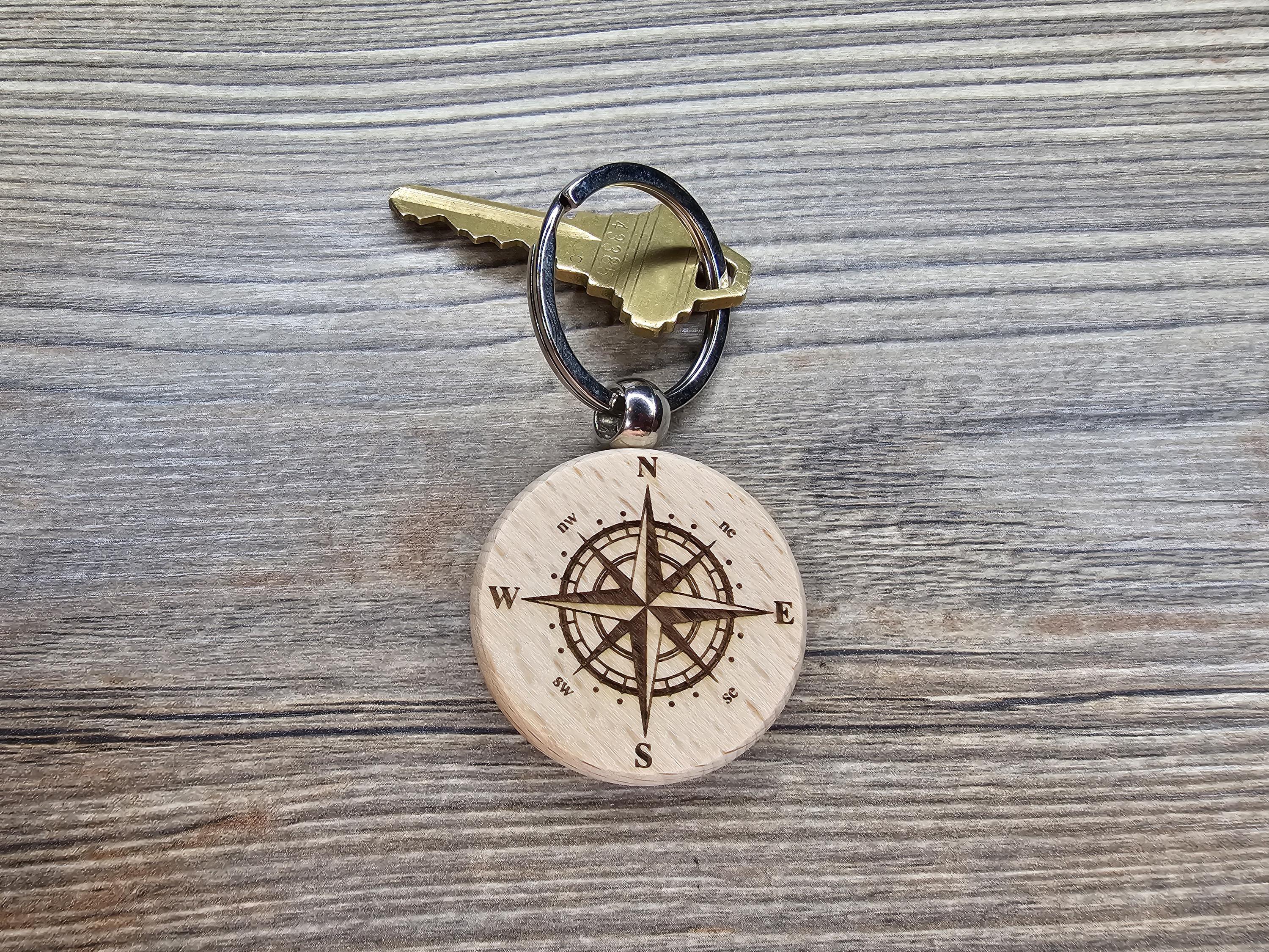Laser engraved wood compass keychain / bag charm: double-sided adventure gift