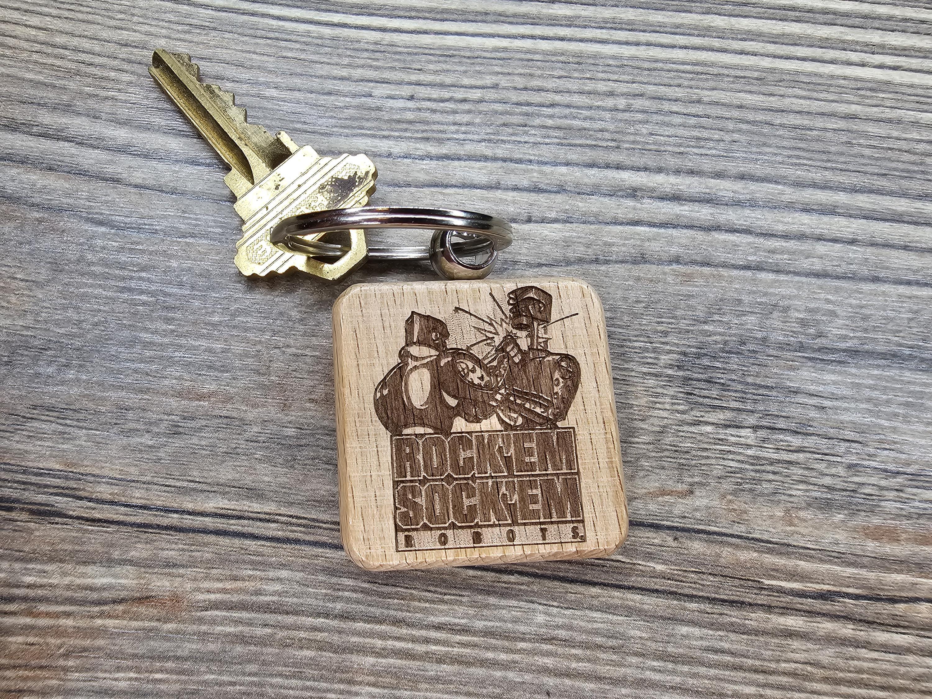Rock'em Sock'em Robots keychain / bag charm: laser engraved wood, retro game gift