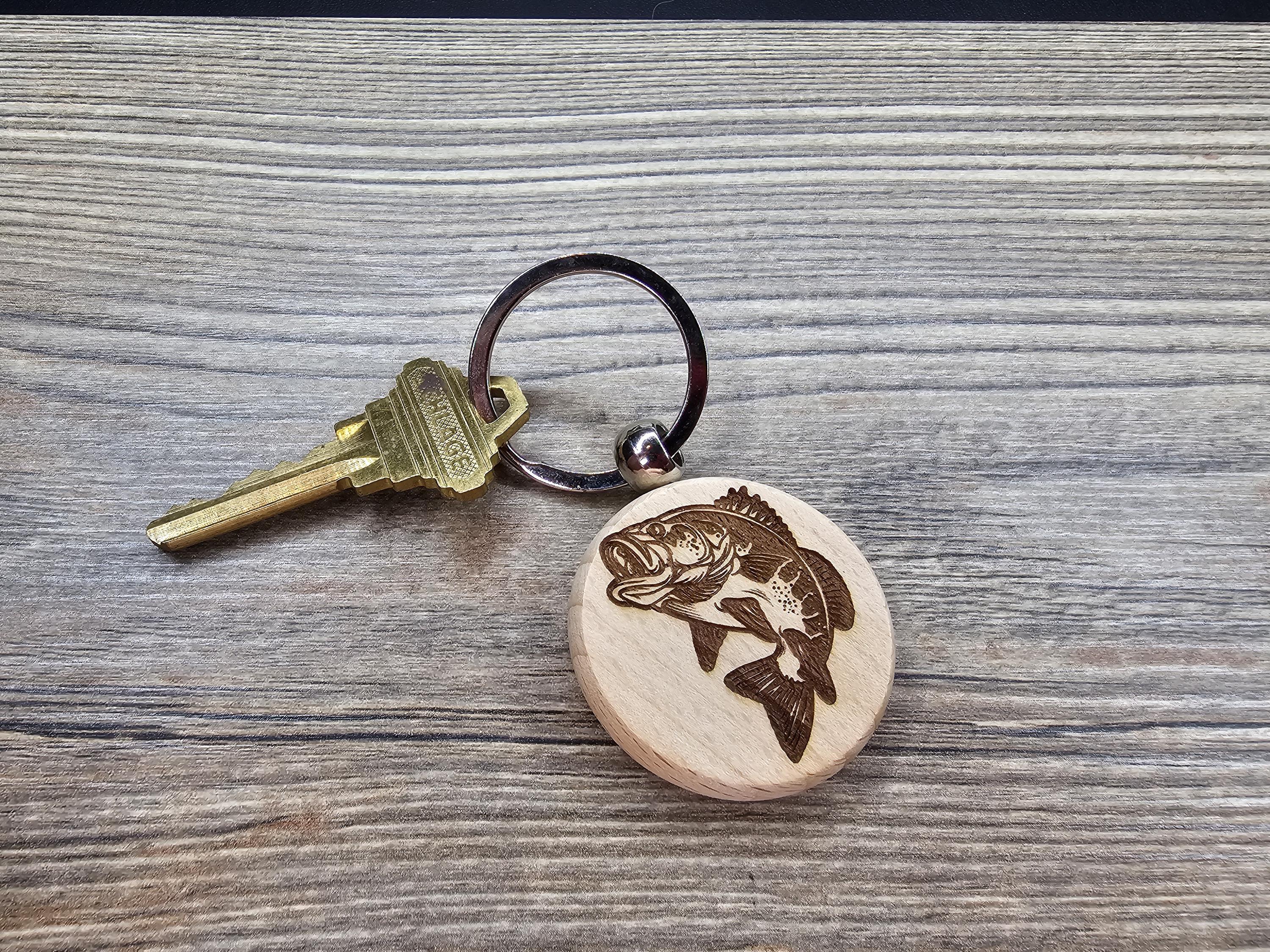Laser engraved largemouth bass keychain / bag charm: hardwood fisherman gift