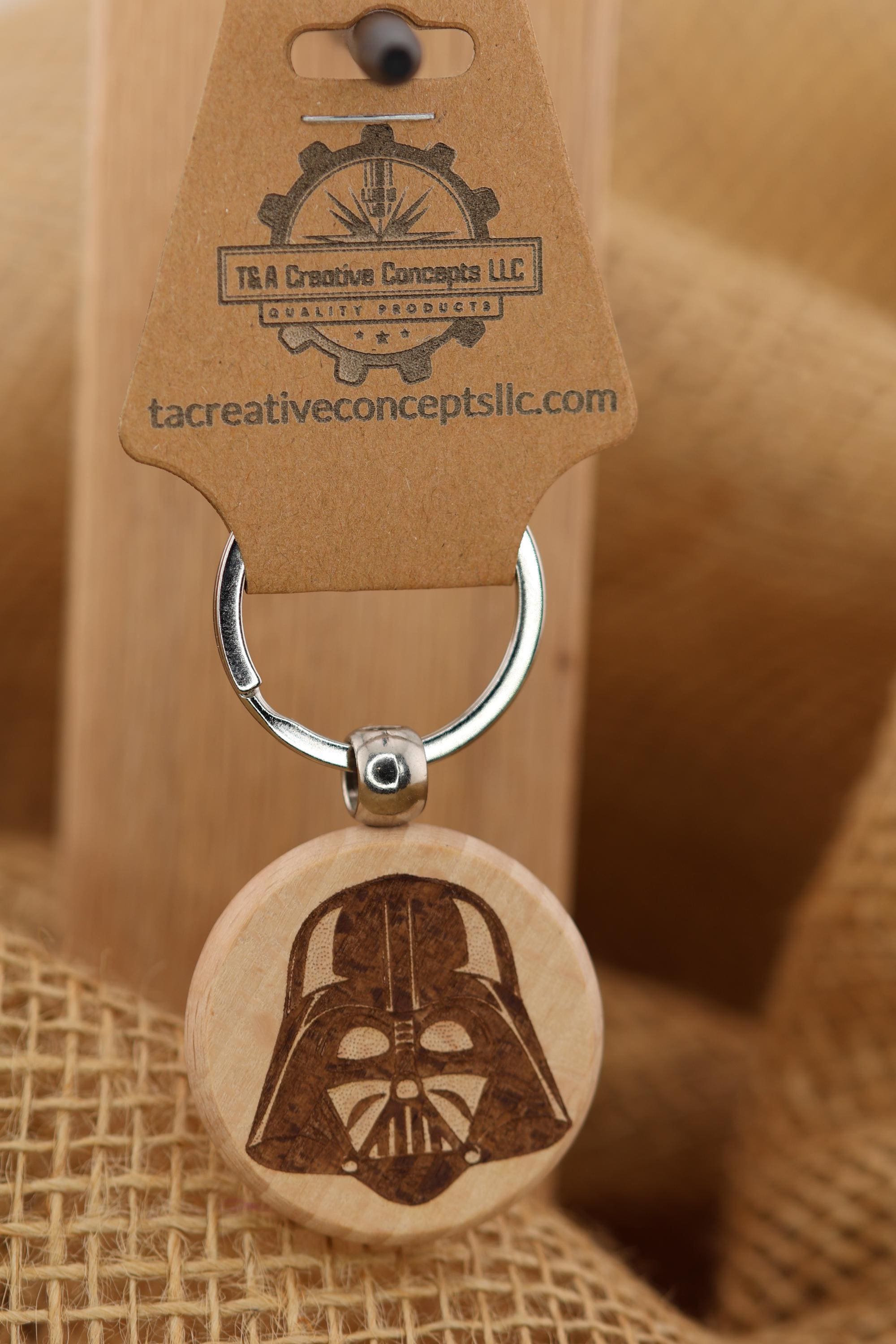 Darth Vader helmet keychain / bag charm: laser engraved hardwood, stainless steel keyring