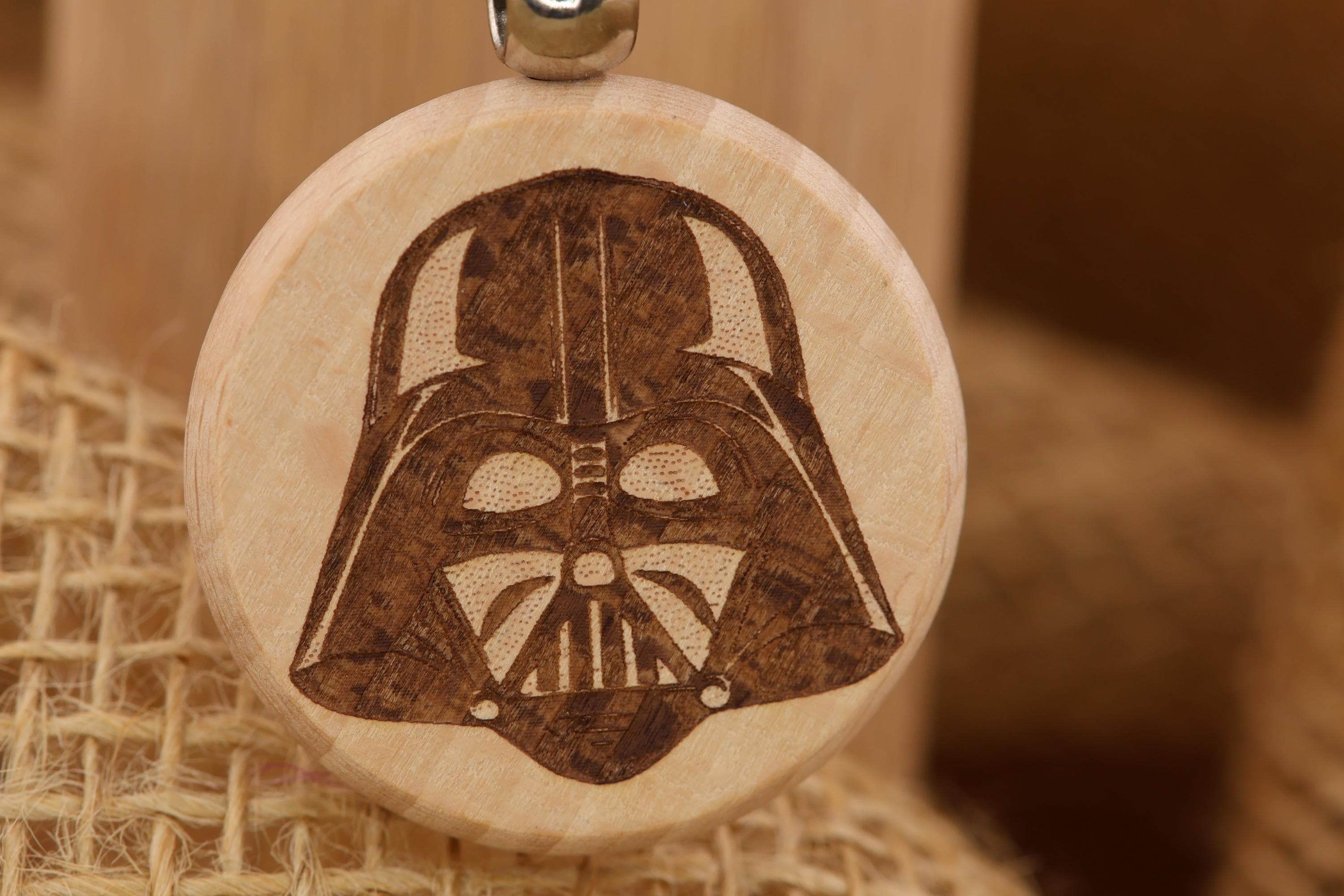 Darth Vader helmet keychain / bag charm: laser engraved hardwood, stainless steel keyring