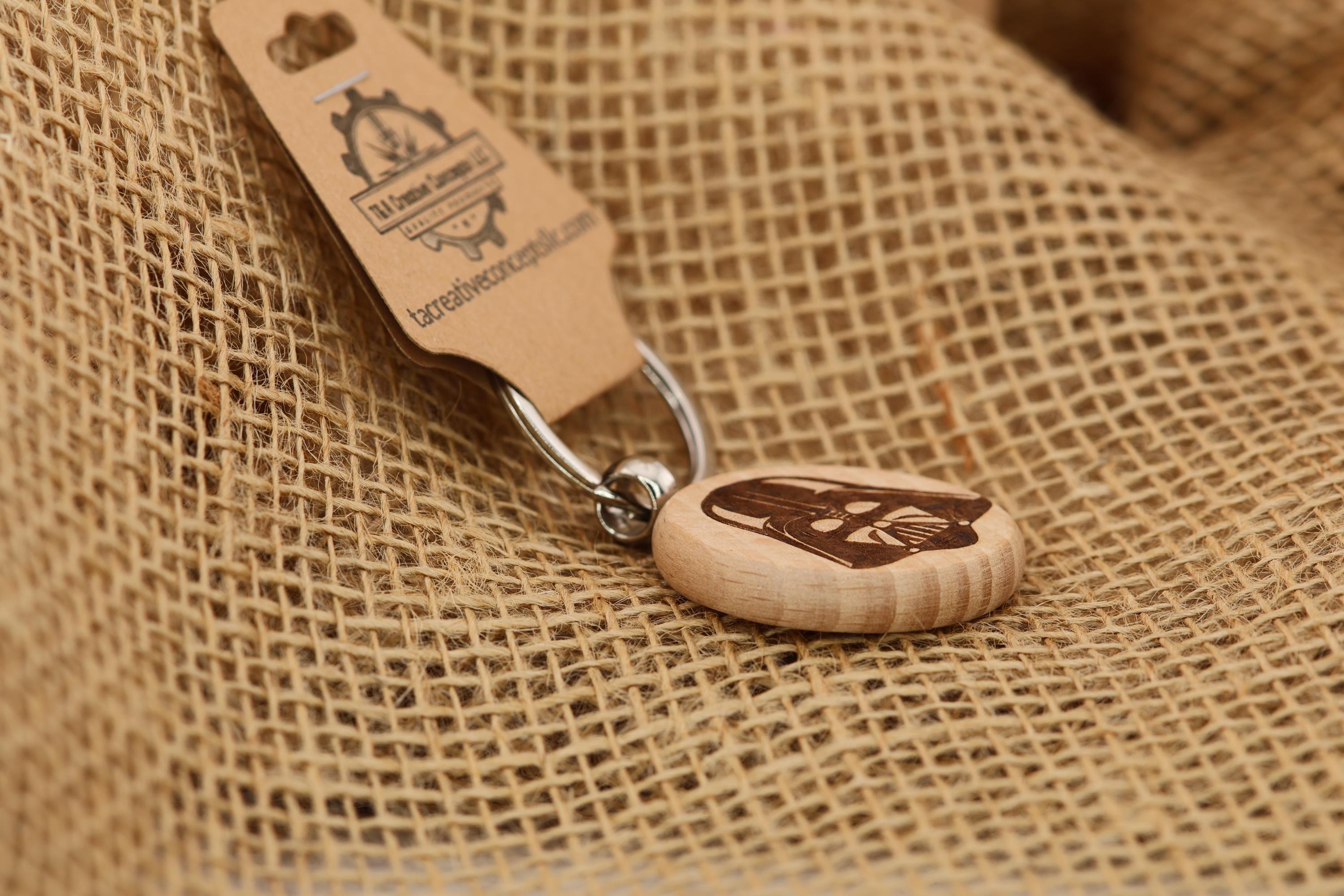 Darth Vader helmet keychain / bag charm: laser engraved hardwood, stainless steel keyring