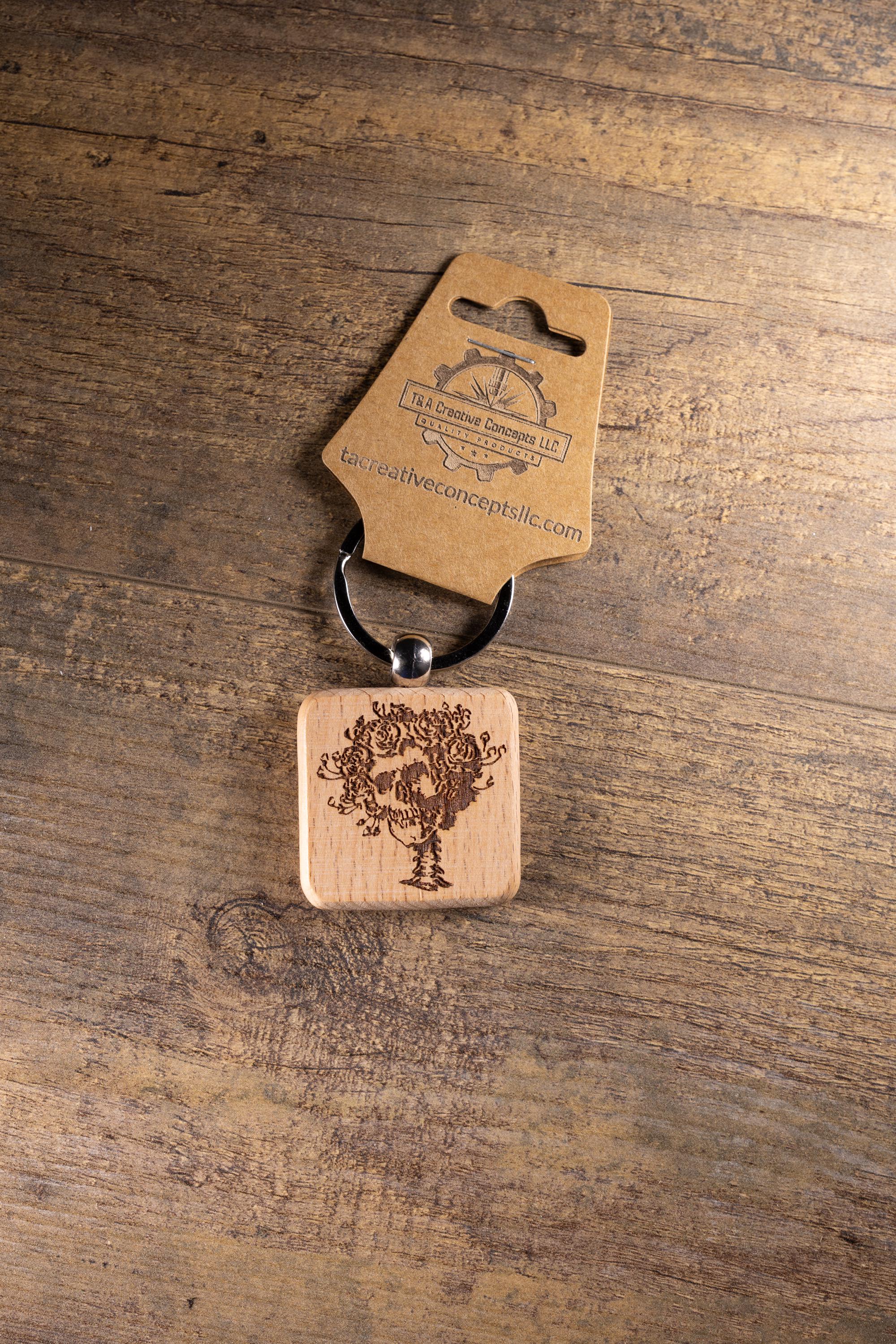 Grateful Dead Bertha keychain / bag charm – double-sided laser engraved wood with stainless steel keyring, band fan gift