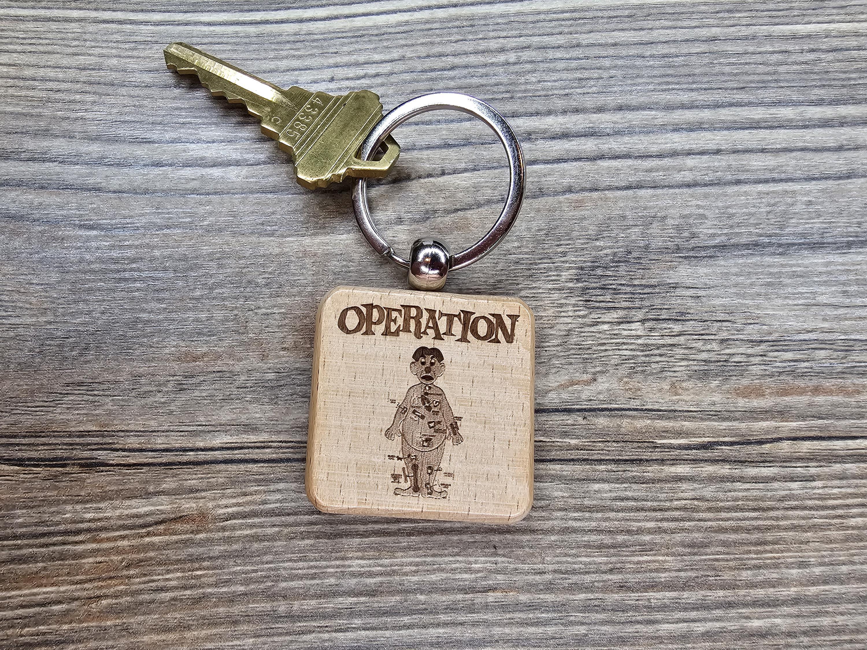 Operation board game keychain / bag charm: laser engraved wood, stainless steel keyring