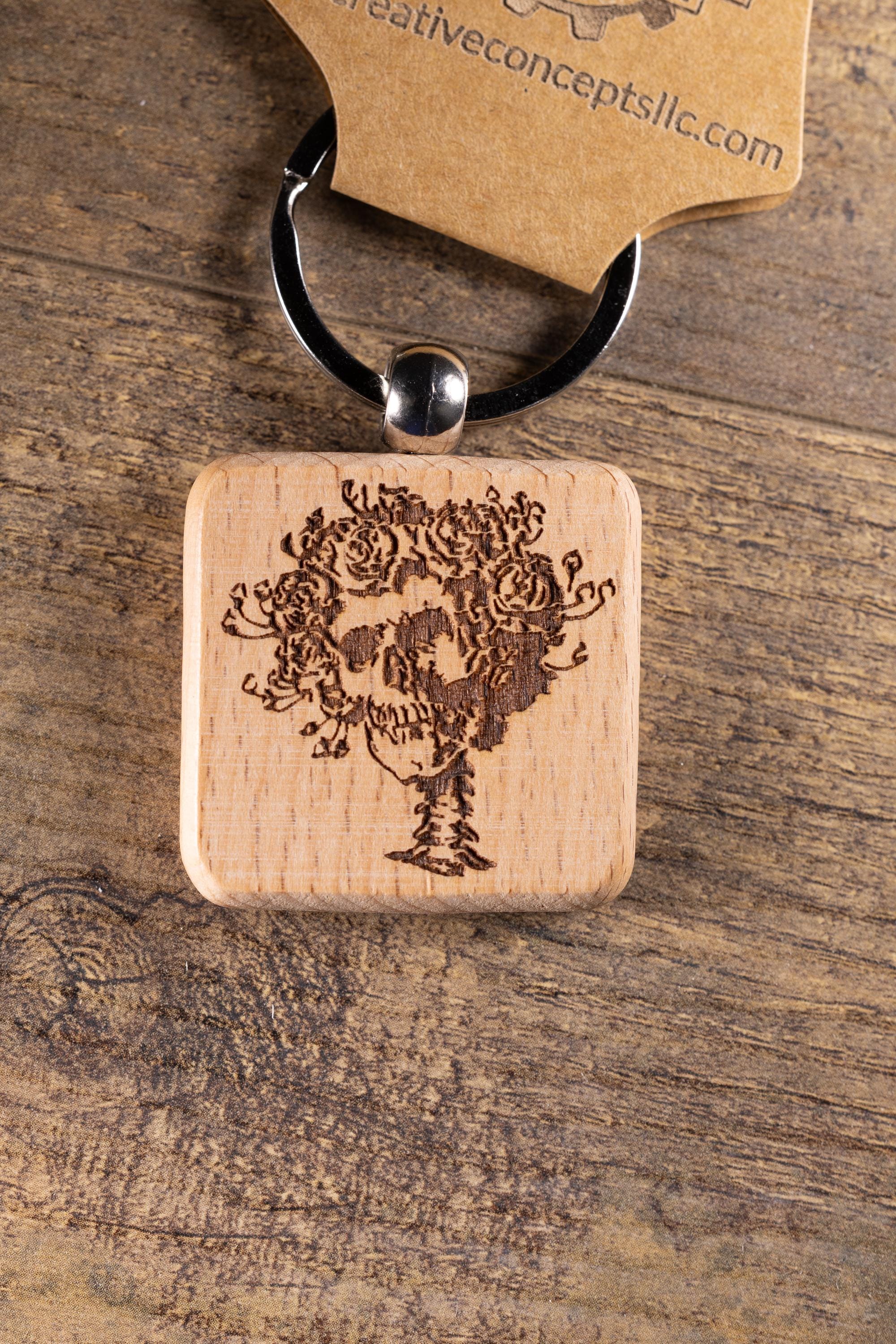 Grateful Dead Bertha keychain / bag charm – double-sided laser engraved wood with stainless steel keyring, band fan gift