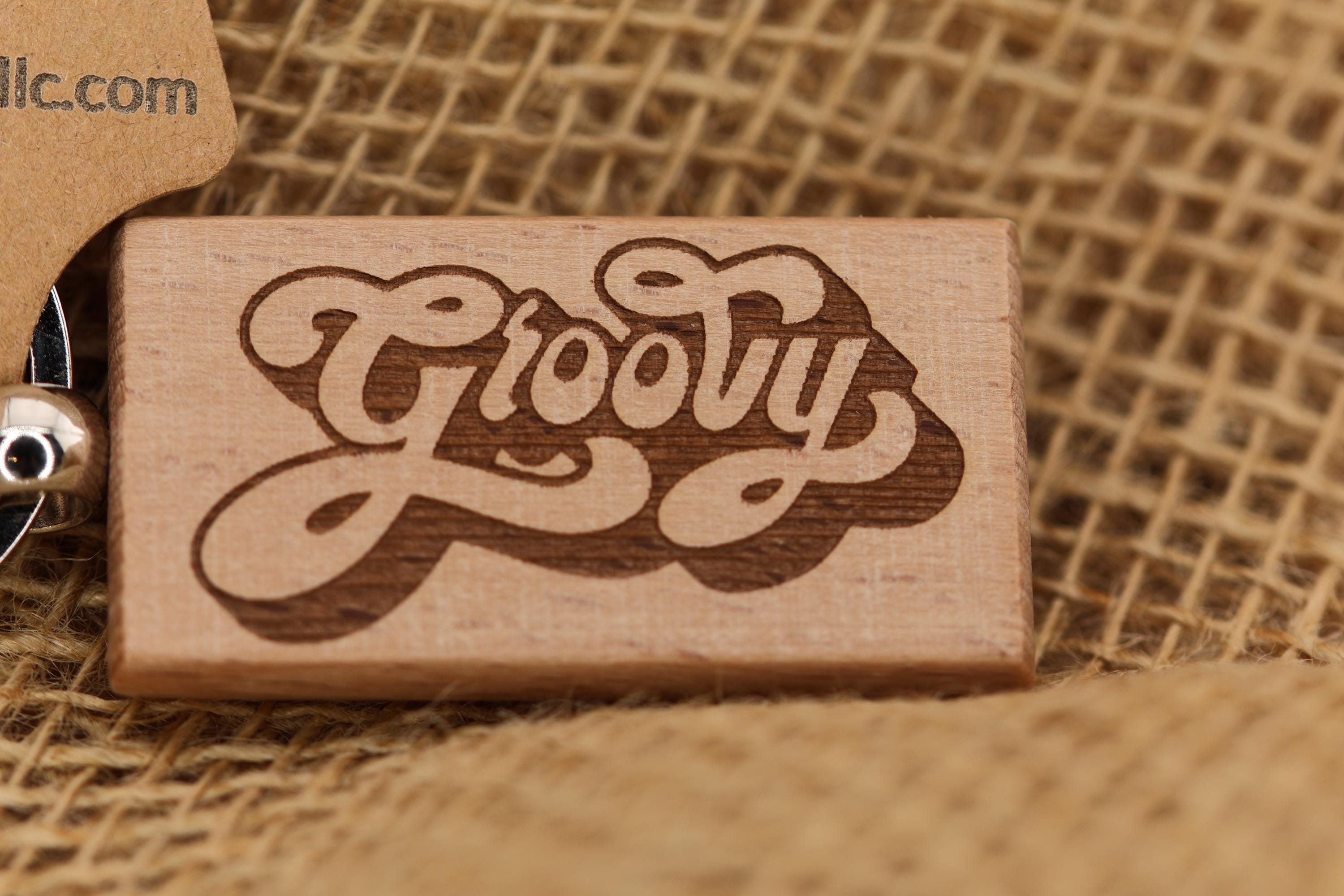 Groovy keychain / bag charm: double-sided laser engraved hardwood, retro 70s style